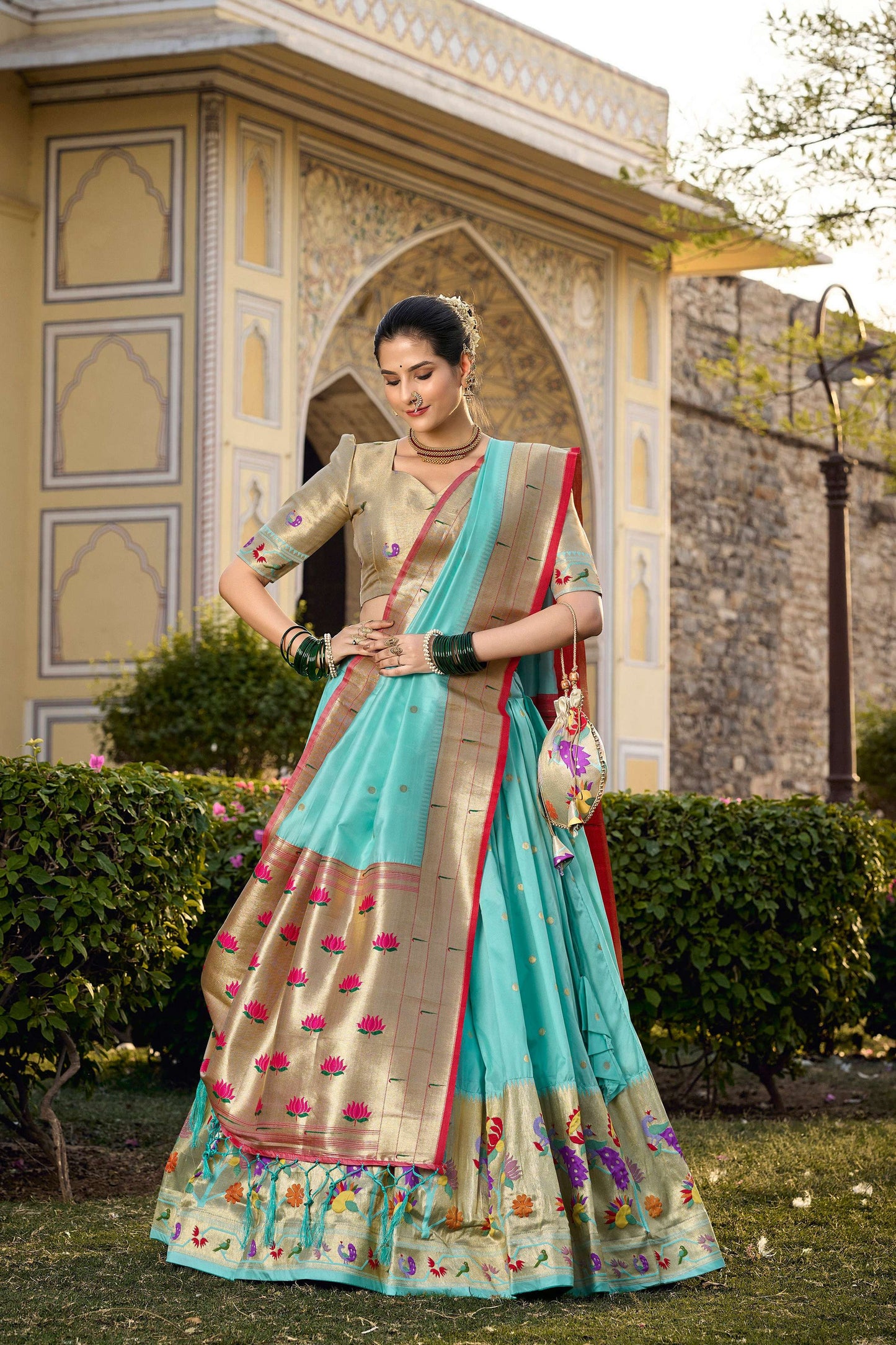 Lorenvalley Fashion Skyblue Jacquard Silk Paithani Weaving Zari Work Lehenga Choli with Dupatta - Swadesiicart