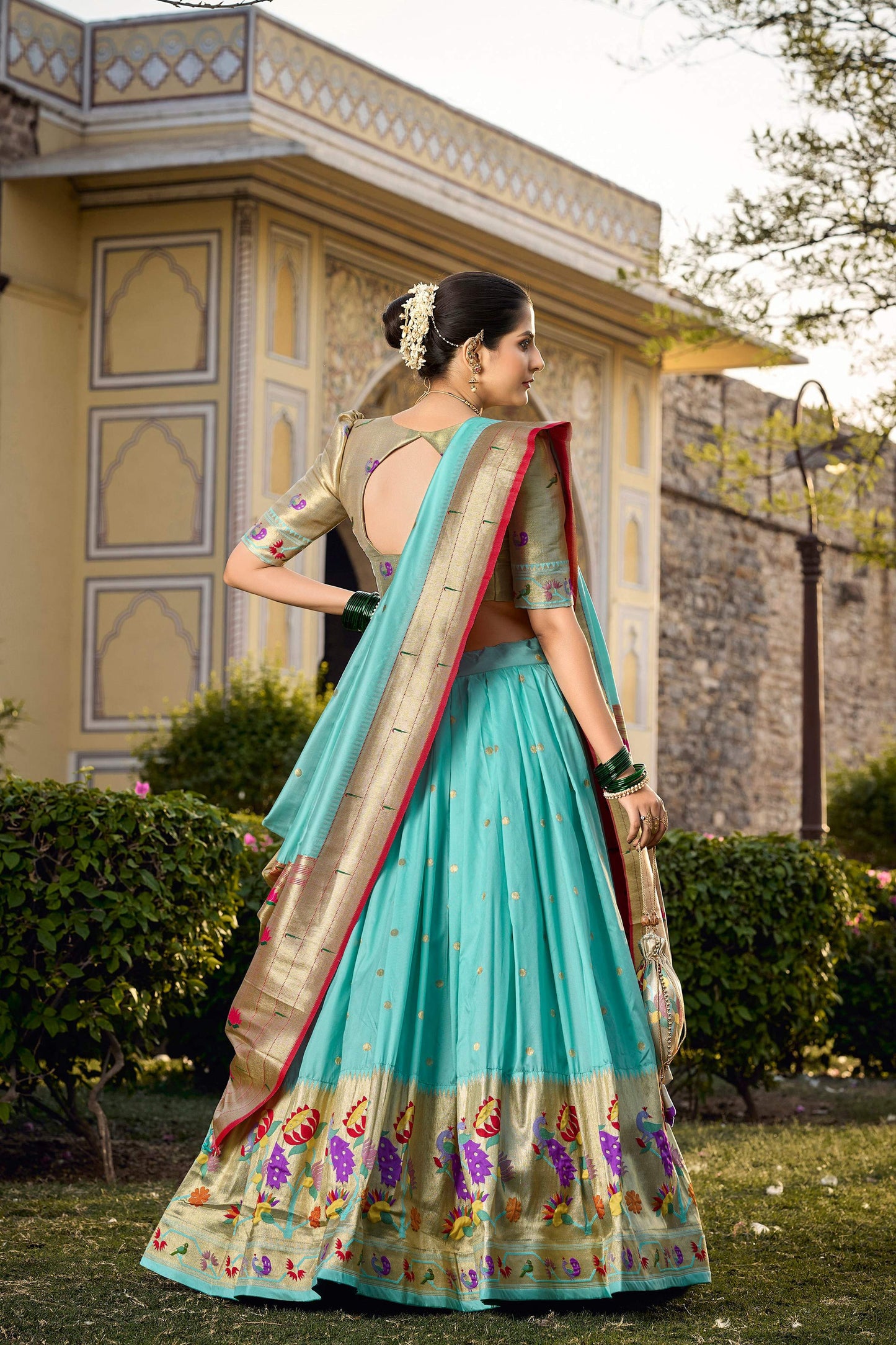 Lorenvalley Fashion Skyblue Jacquard Silk Paithani Weaving Zari Work Lehenga Choli with Dupatta - Swadesiicart