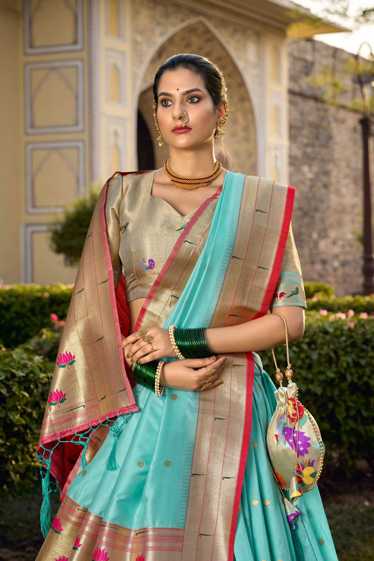 Lorenvalley Fashion Skyblue Jacquard Silk Paithani Weaving Zari Work Lehenga Choli with Dupatta - Swadesiicart