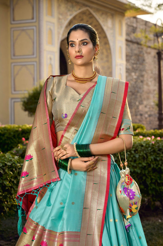 Lorenvalley Fashion Skyblue Jacquard Silk Paithani Weaving Zari Work Lehenga Choli with Dupatta - Swadesiicart
