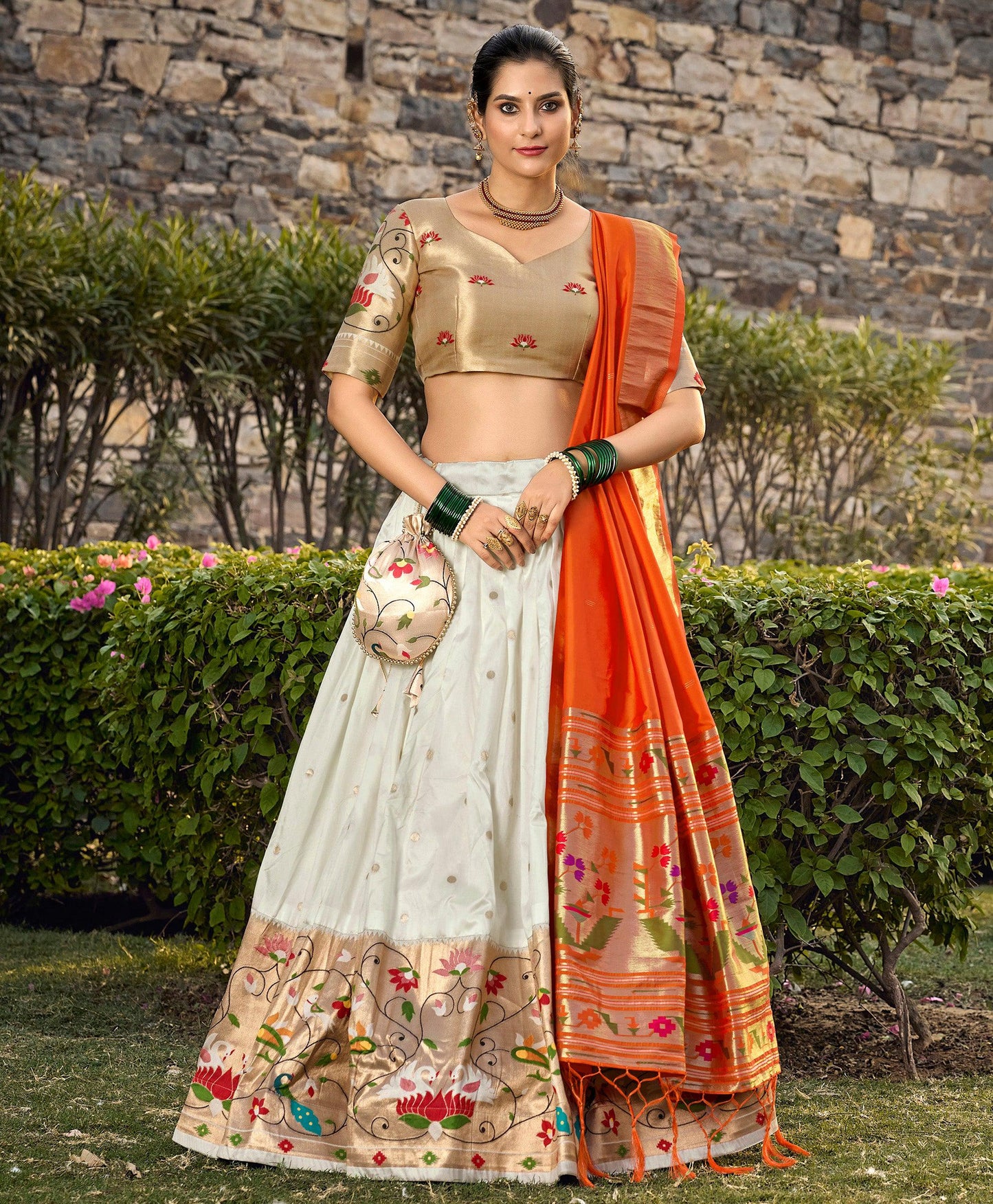 Lorenvalley Fashion White Jacquard Silk Paithani Weaving Zari Work Lehenga Choli with Dupatta | Swadesiicart