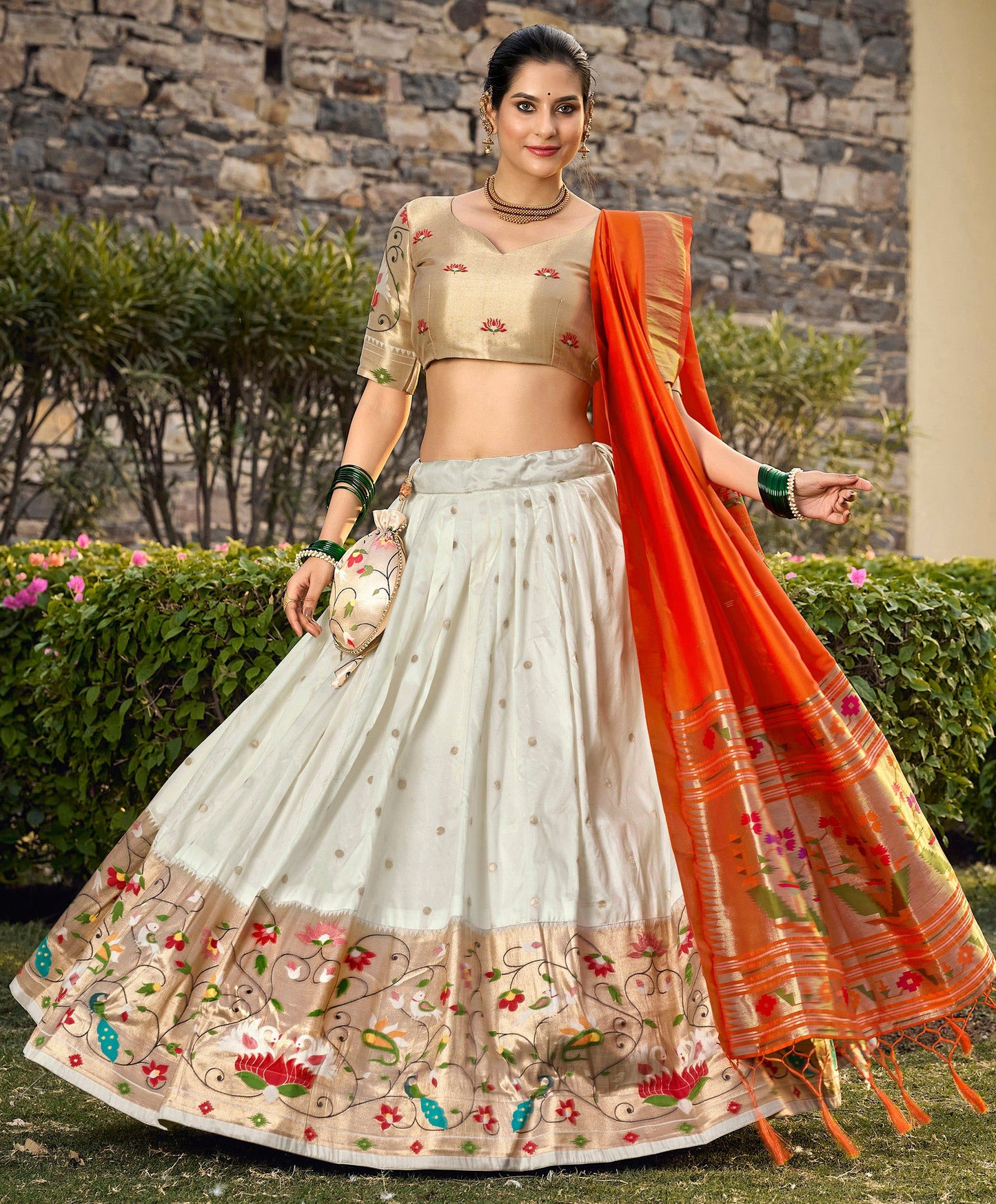 Lorenvalley Fashion White Jacquard Silk Paithani Weaving Zari Work Lehenga Choli with Dupatta | Swadesiicart