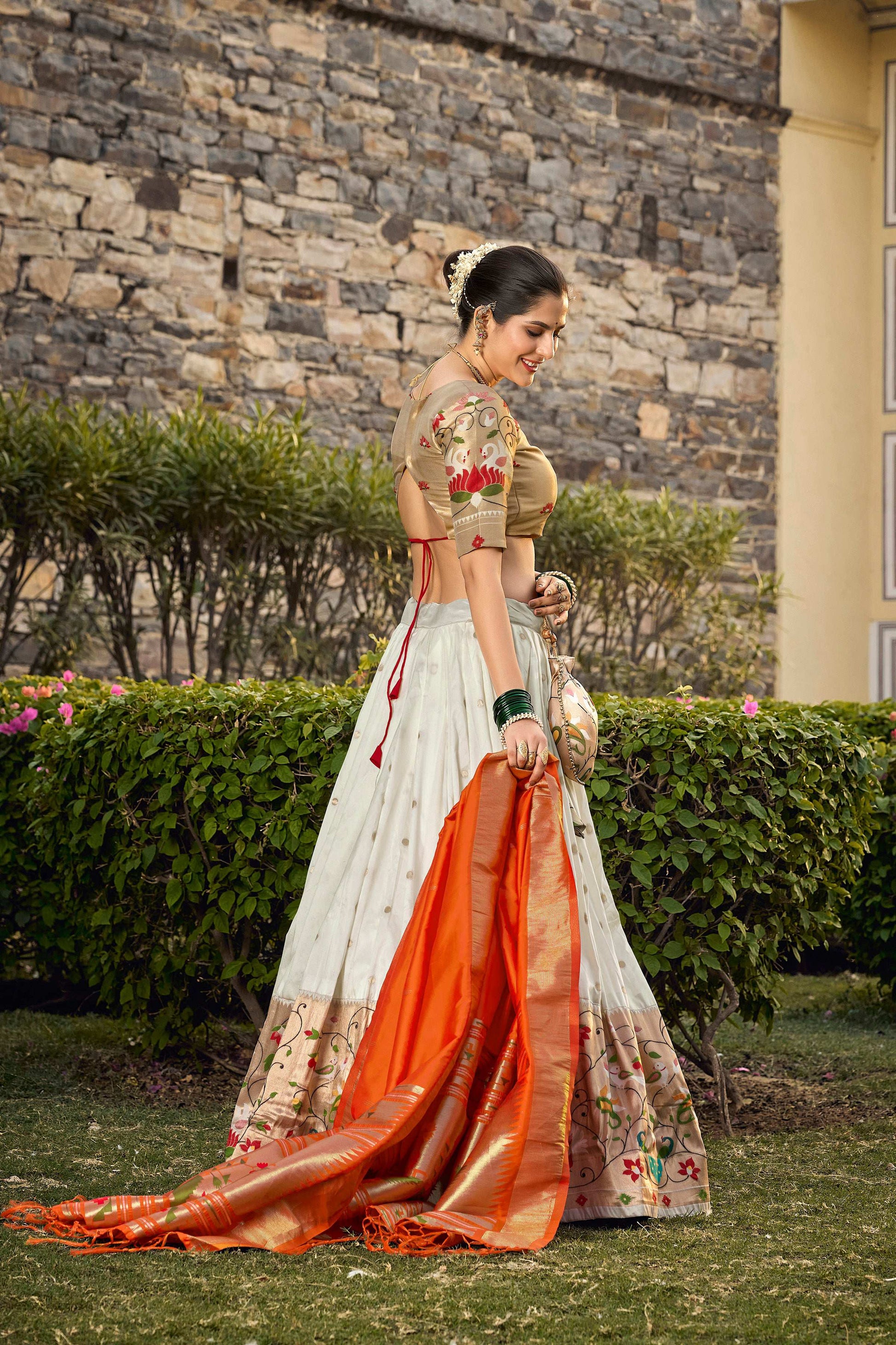 Lorenvalley Fashion White Jacquard Silk Paithani Weaving Zari Work Lehenga Choli with Dupatta | Swadesiicart