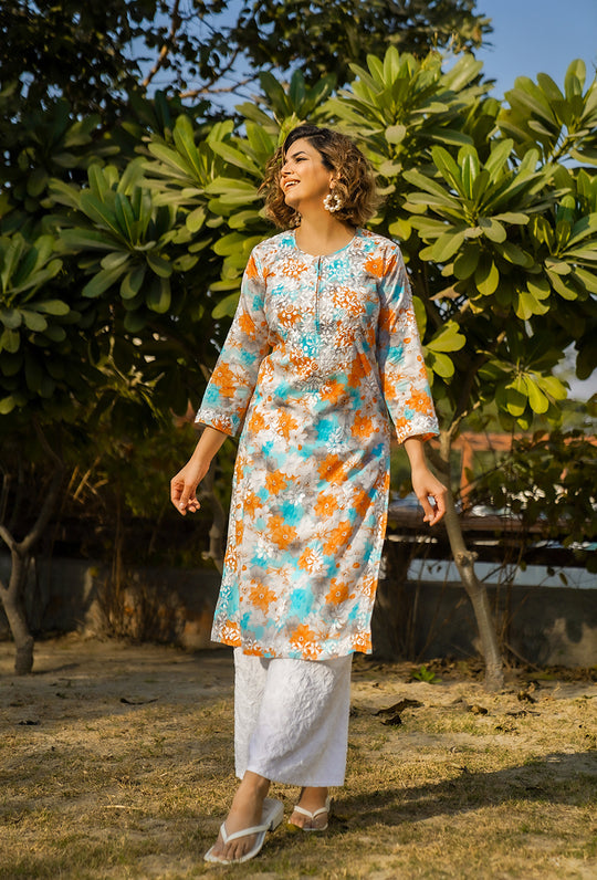 Rangreza Ethnic Leela Mulmul Chikankari Kurta Orange | Swadesiicart