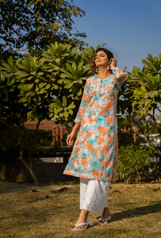 Rangreza Ethnic Leela Mulmul Chikankari Kurta Orange | Swadesiicart