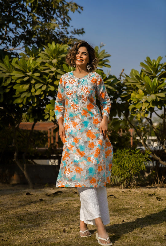 Rangreza Ethnic Leela Mulmul Chikankari Kurta Orange | Swadesiicart