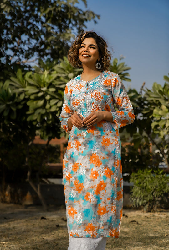 Rangreza Ethnic Leela Mulmul Chikankari Kurta Orange | Swadesiicart