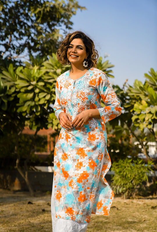 Rangreza Ethnic Leela Mulmul Chikankari Kurta Orange | Swadesiicart