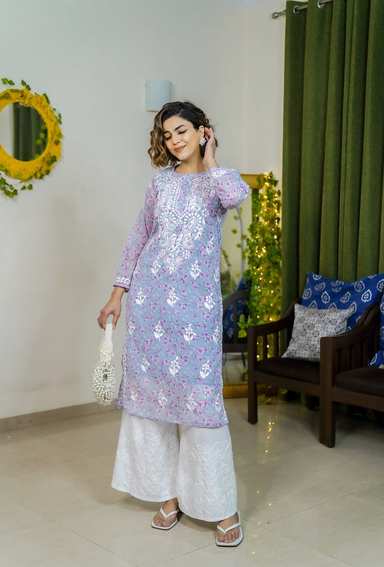 Rangreza Ethnic Eliza Georgette Chikankari Kurta With Inner (Set Of 2) Lavender | Swadesiicart