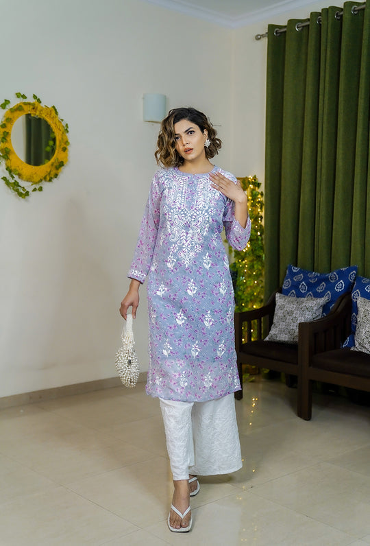 Rangreza Ethnic Eliza Georgette Chikankari Kurta With Inner (Set Of 2) Lavender | Swadesiicart