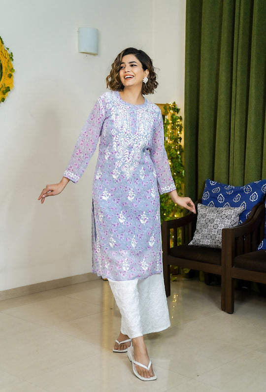 Rangreza Ethnic Eliza Georgette Chikankari Kurta With Inner (Set Of 2) Lavender | Swadesiicart