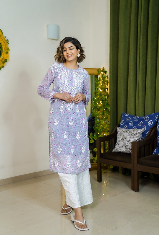 Rangreza Ethnic Eliza Georgette Chikankari Kurta With Inner (Set Of 2) Lavender | Swadesiicart