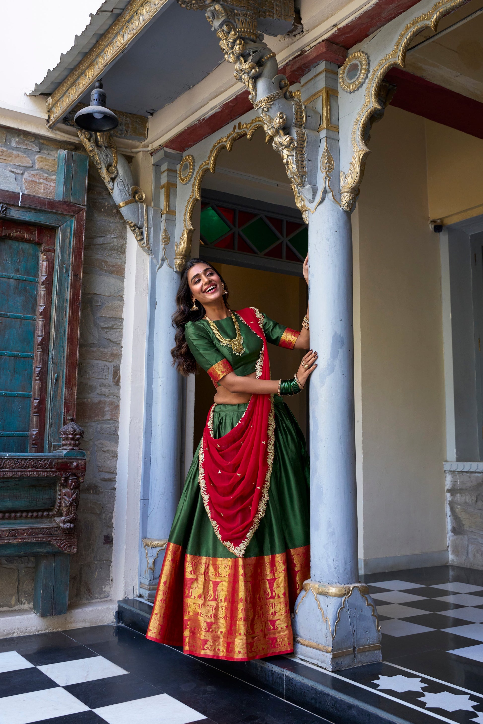 Lorenvalley Green Narayan Pattu Fabric with Zari Weaving Work Lehenga Choli | Swadesiicart