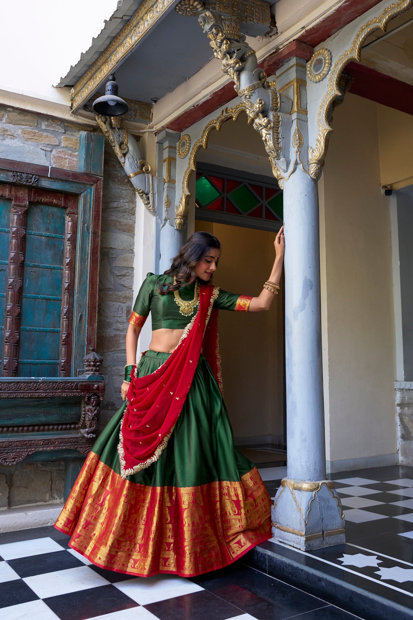 Lorenvalley Green Narayan Pattu Fabric with Zari Weaving Work Lehenga Choli | Swadesiicart