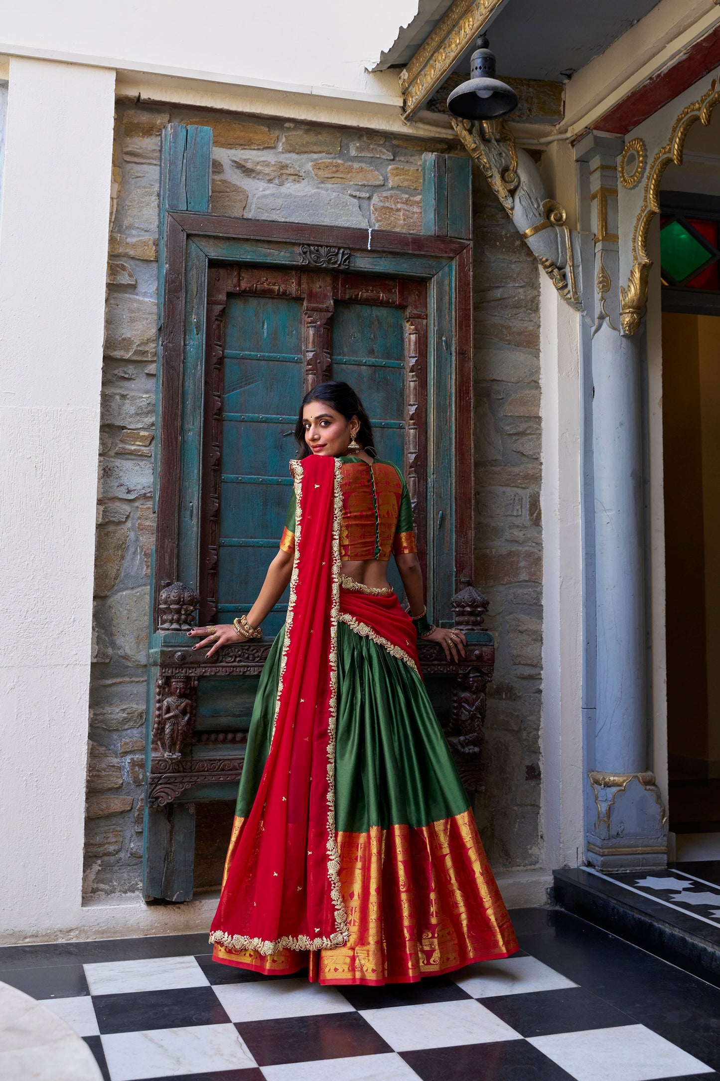 Lorenvalley Green Narayan Pattu Fabric with Zari Weaving Work Lehenga Choli | Swadesiicart