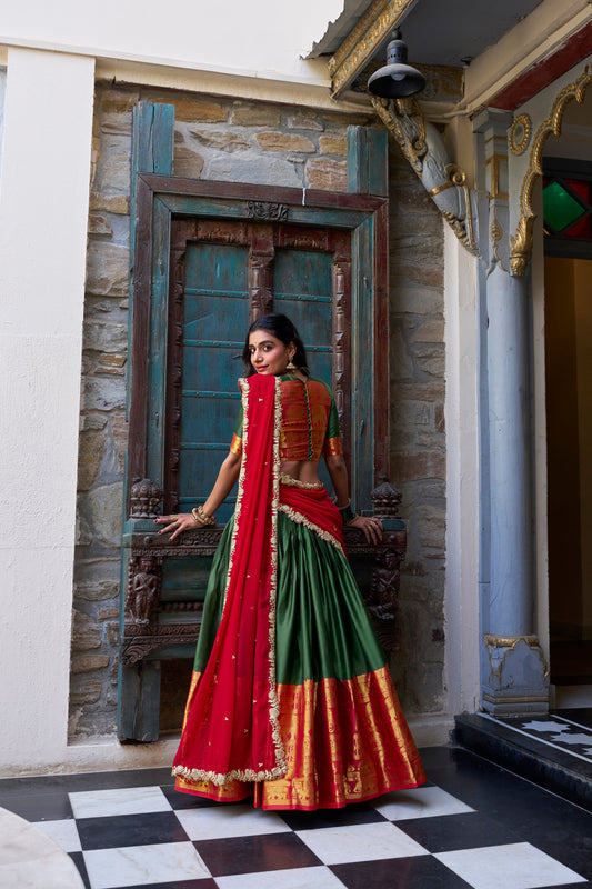 Lorenvalley Green Narayan Pattu Fabric with Zari Weaving Work Lehenga Choli | Swadesiicart