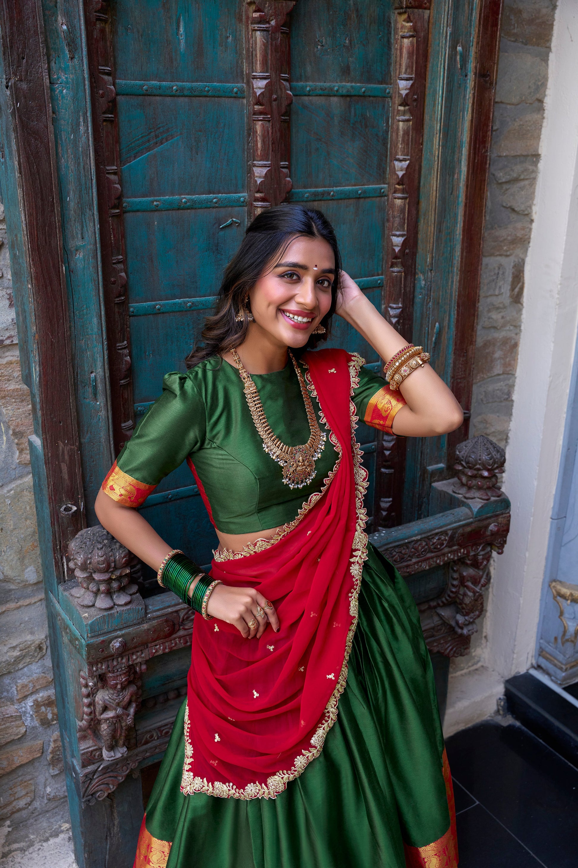 Lorenvalley Green Narayan Pattu Fabric with Zari Weaving Work Lehenga Choli | Swadesiicart