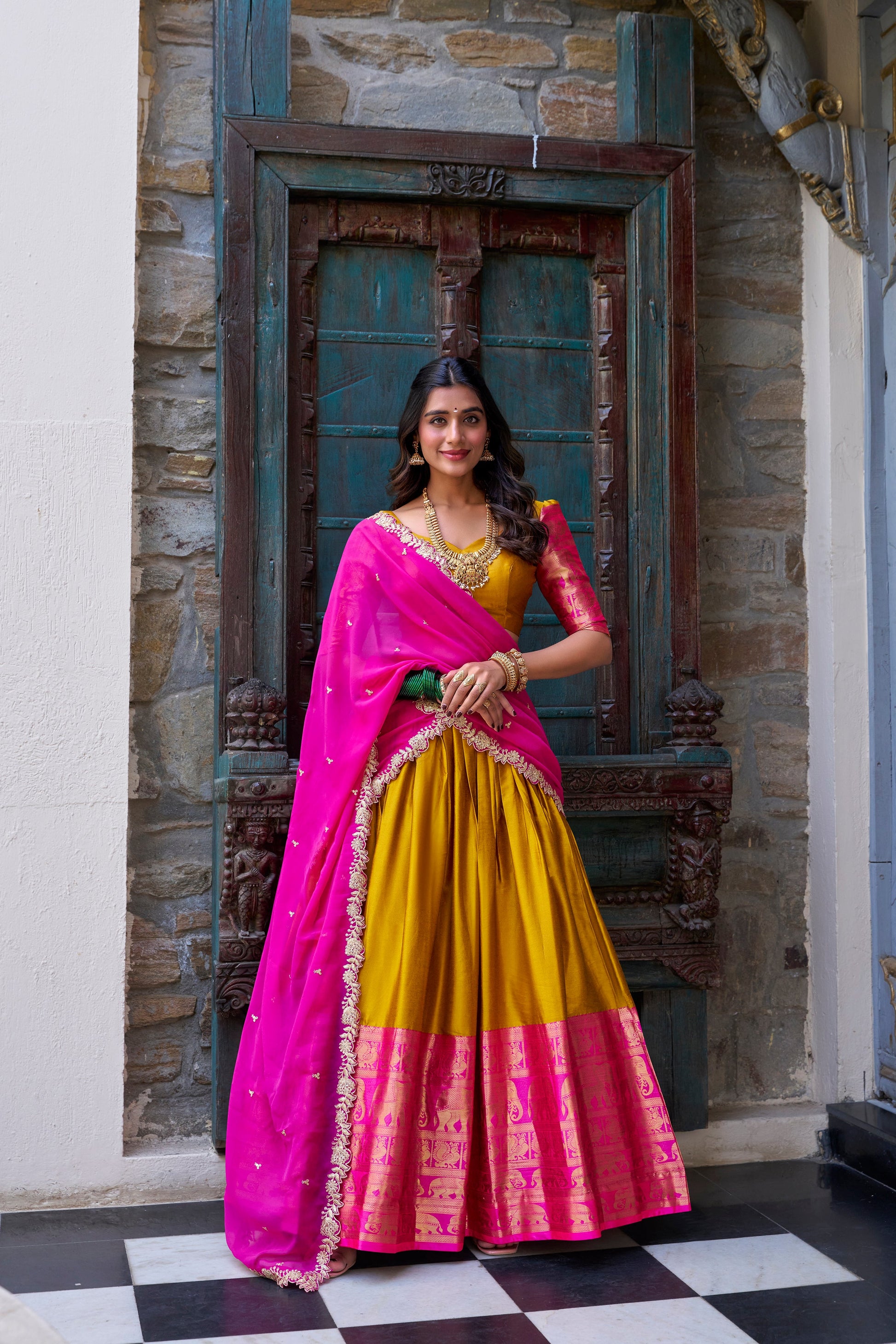 Lorenvalley Mustard Narayan Pattu Fabric with Zari Weaving Work Lehenga Choli | Swadesiicart