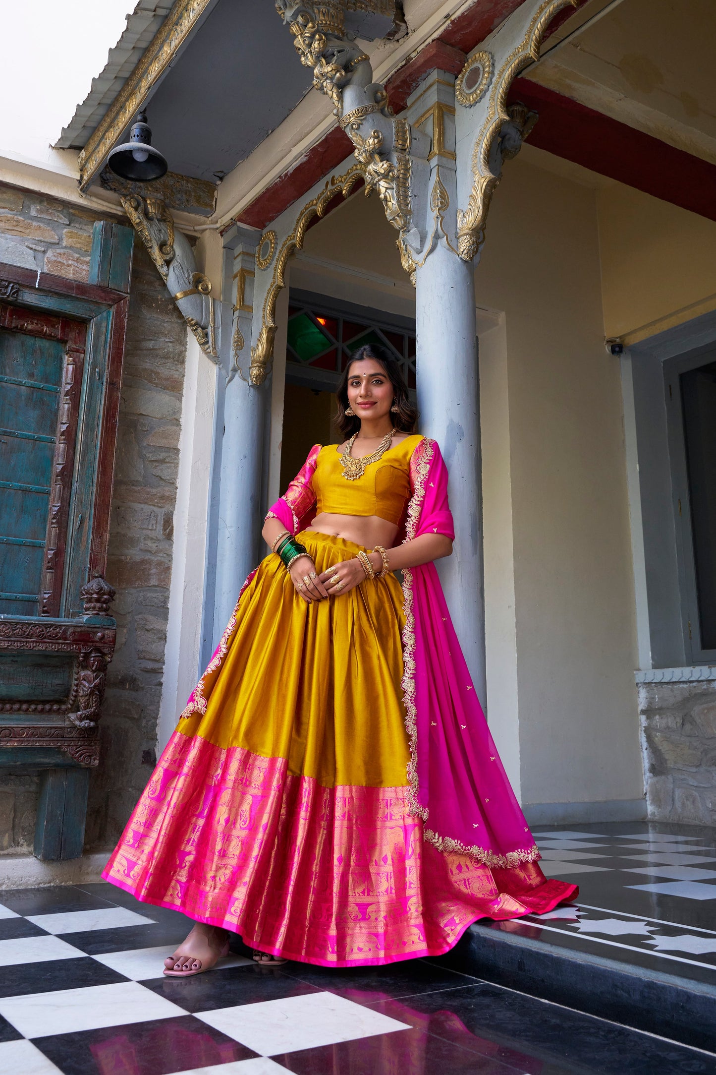 Lorenvalley Mustard Narayan Pattu Fabric with Zari Weaving Work Lehenga Choli | Swadesiicart