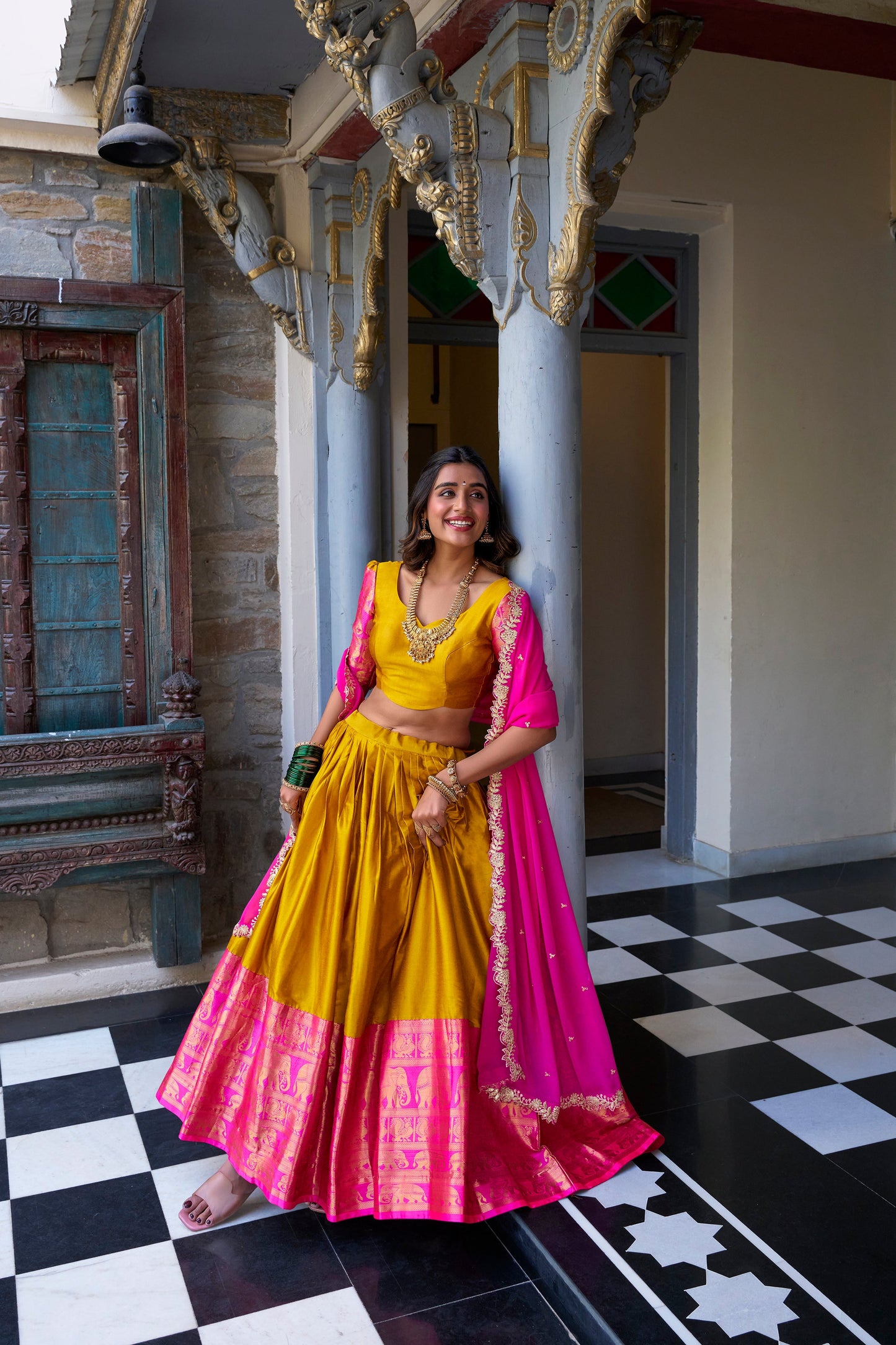 Lorenvalley Mustard Narayan Pattu Fabric with Zari Weaving Work Lehenga Choli | Swadesiicart