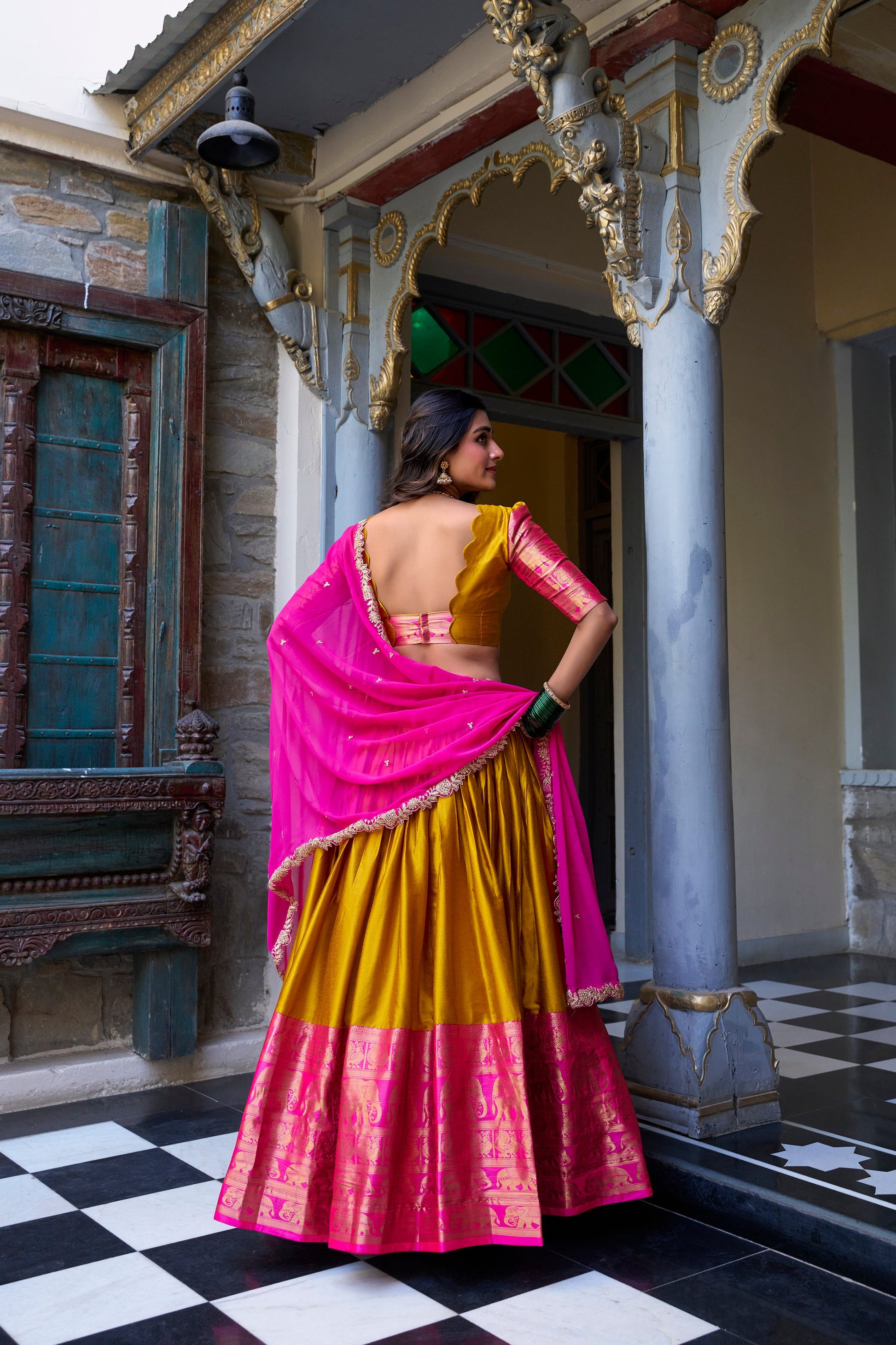 Lorenvalley Mustard Narayan Pattu Fabric with Zari Weaving Work Lehenga Choli | Swadesiicart