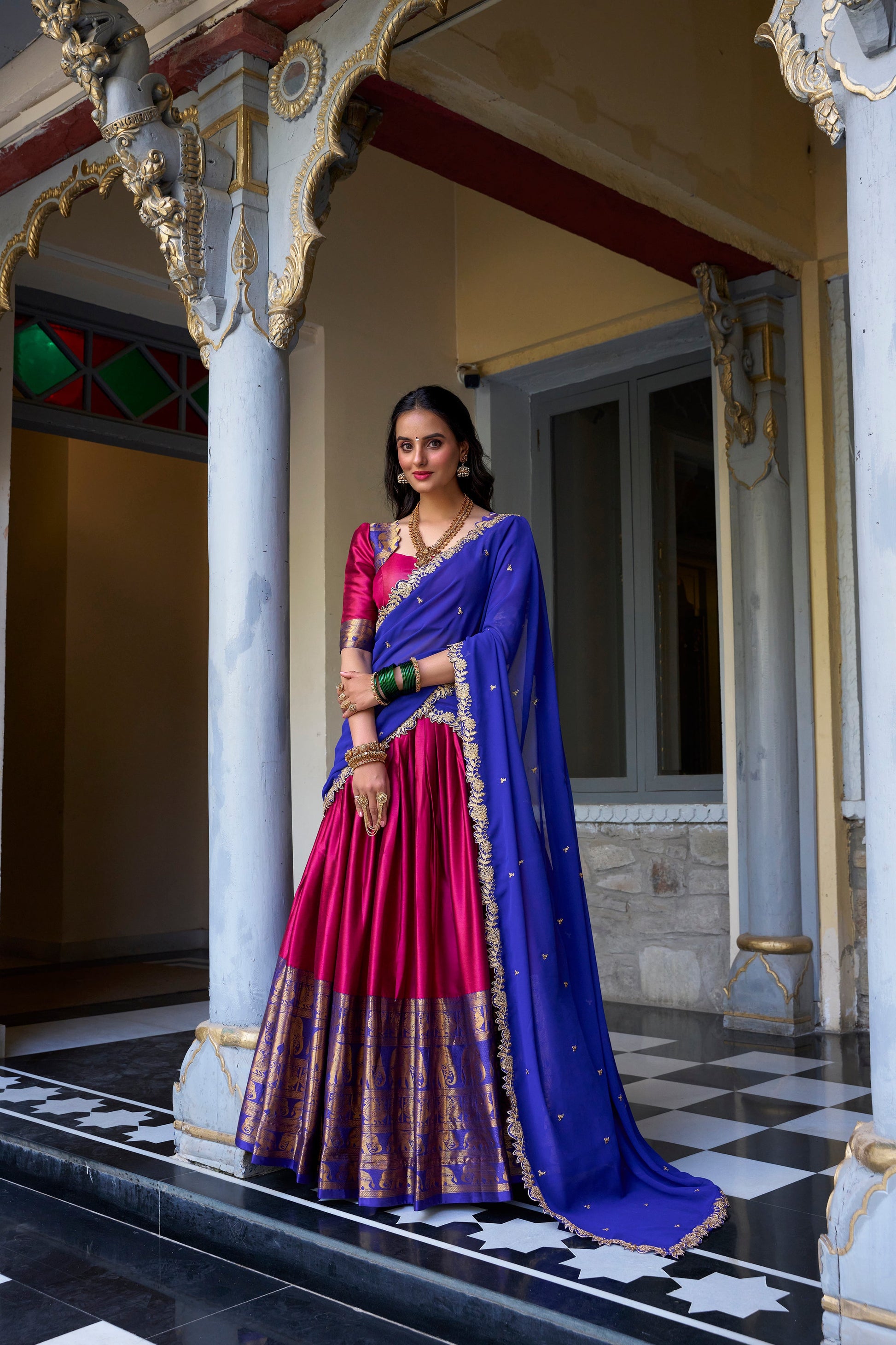 Lorenvalley Pink Narayan Pattu Fabric with Zari Weaving Work Lehenga Choli | Swadesiicart