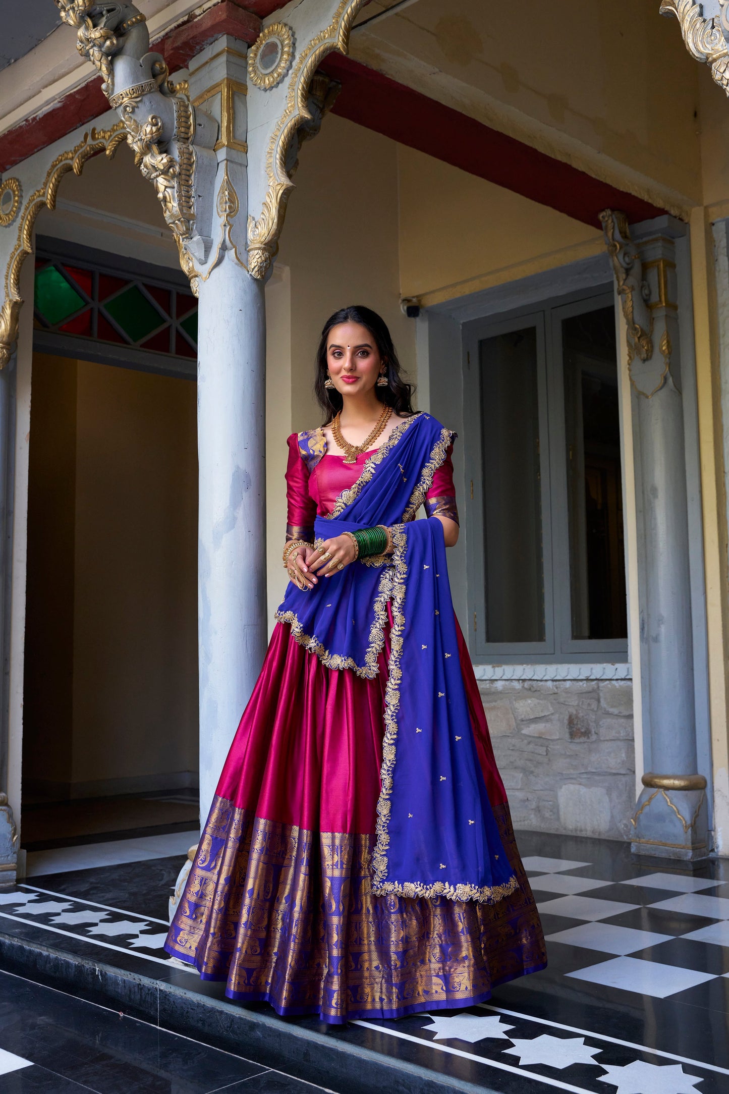 Lorenvalley Pink Narayan Pattu Fabric with Zari Weaving Work Lehenga Choli | Swadesiicart
