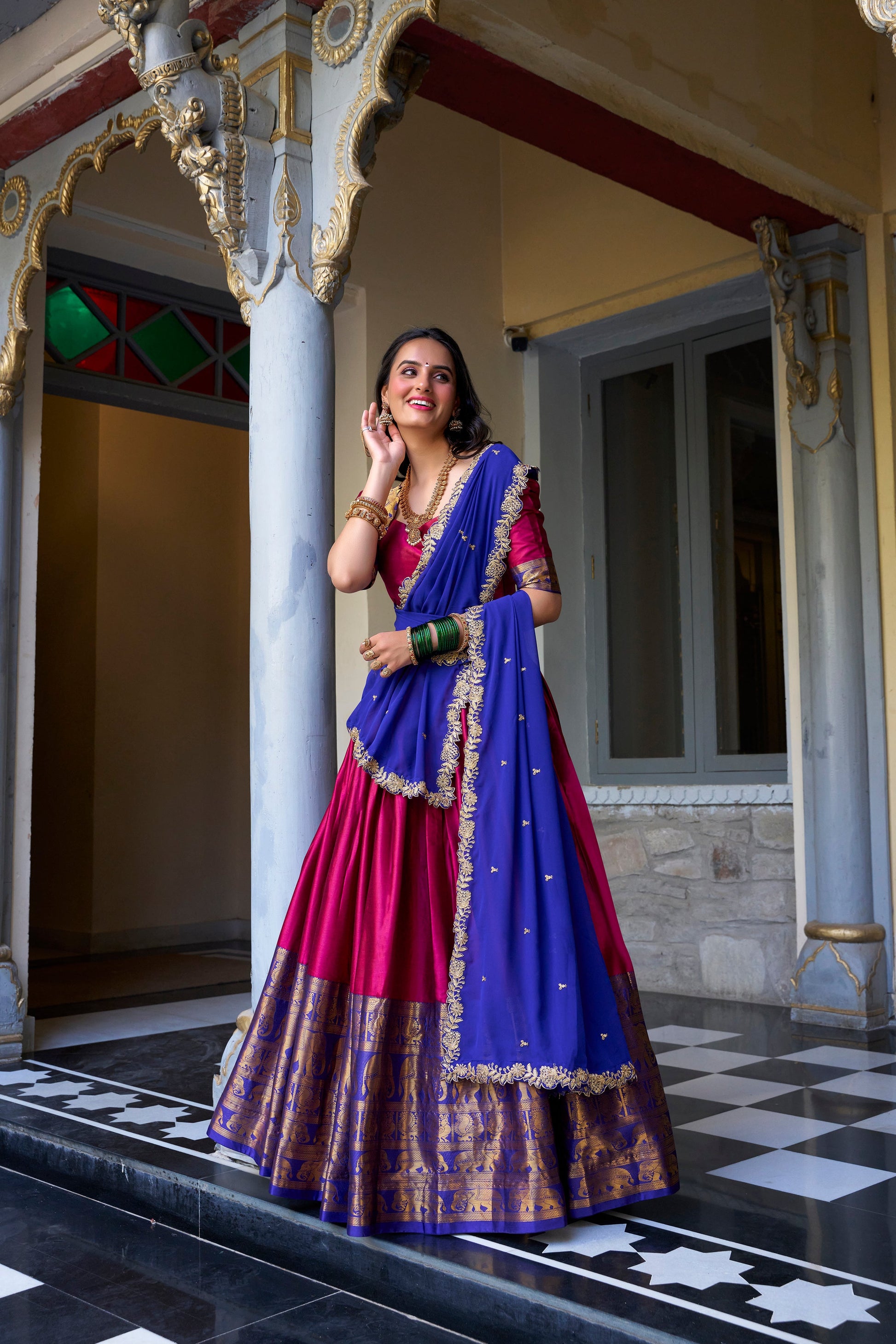 Lorenvalley Pink Narayan Pattu Fabric with Zari Weaving Work Lehenga Choli | Swadesiicart