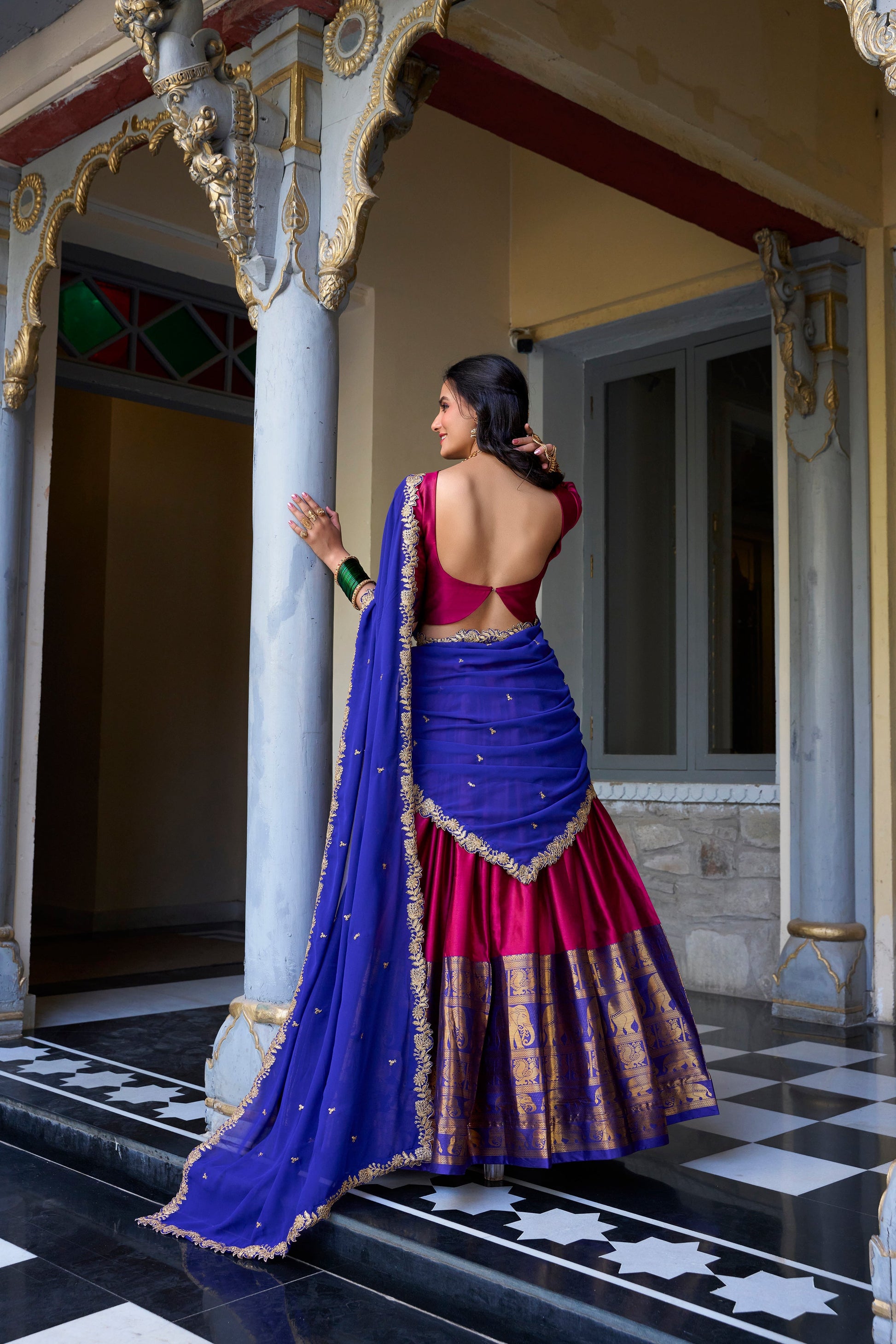 Lorenvalley Pink Narayan Pattu Fabric with Zari Weaving Work Lehenga Choli | Swadesiicart