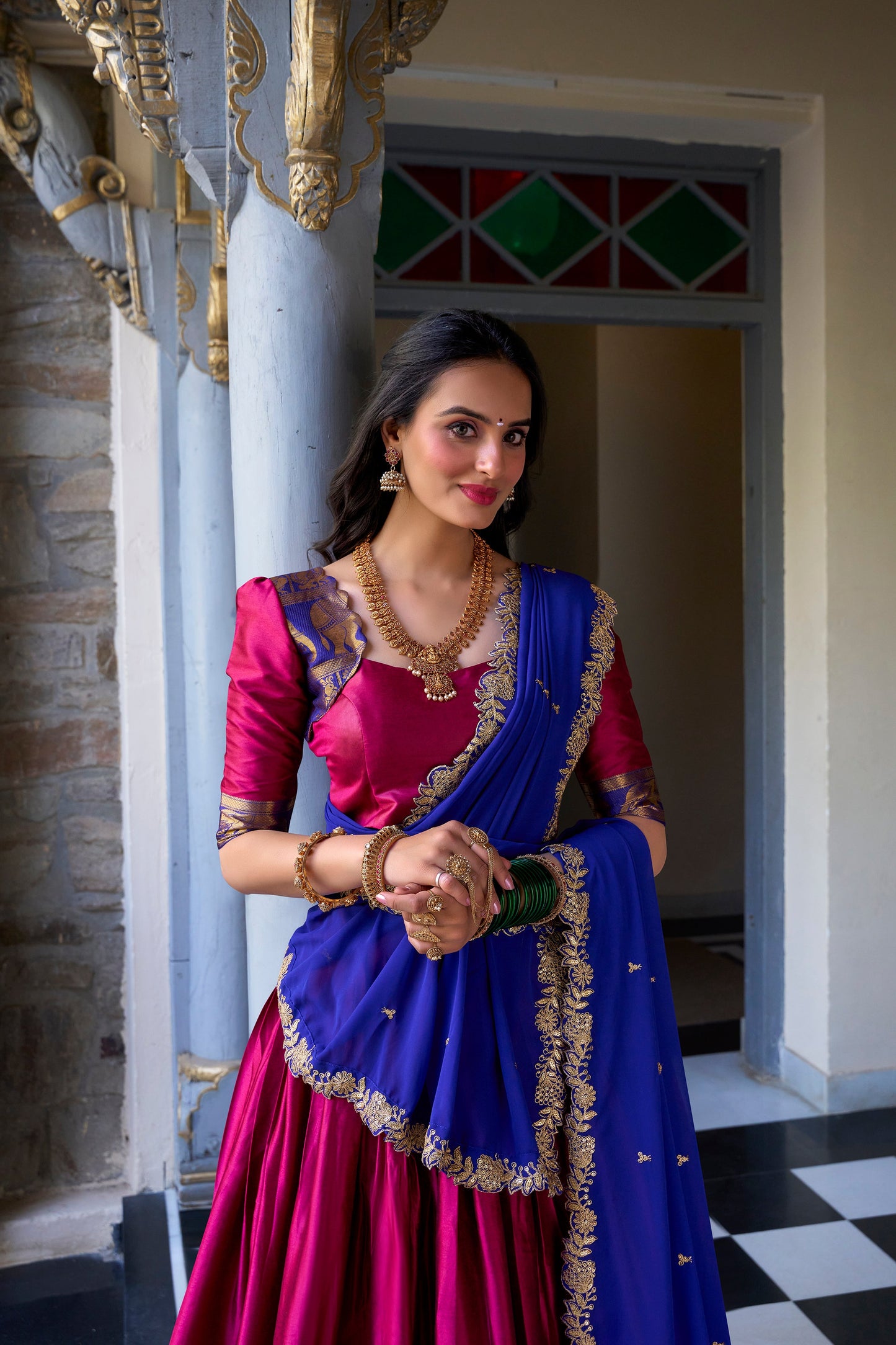 Lorenvalley Pink Narayan Pattu Fabric with Zari Weaving Work Lehenga Choli | Swadesiicart