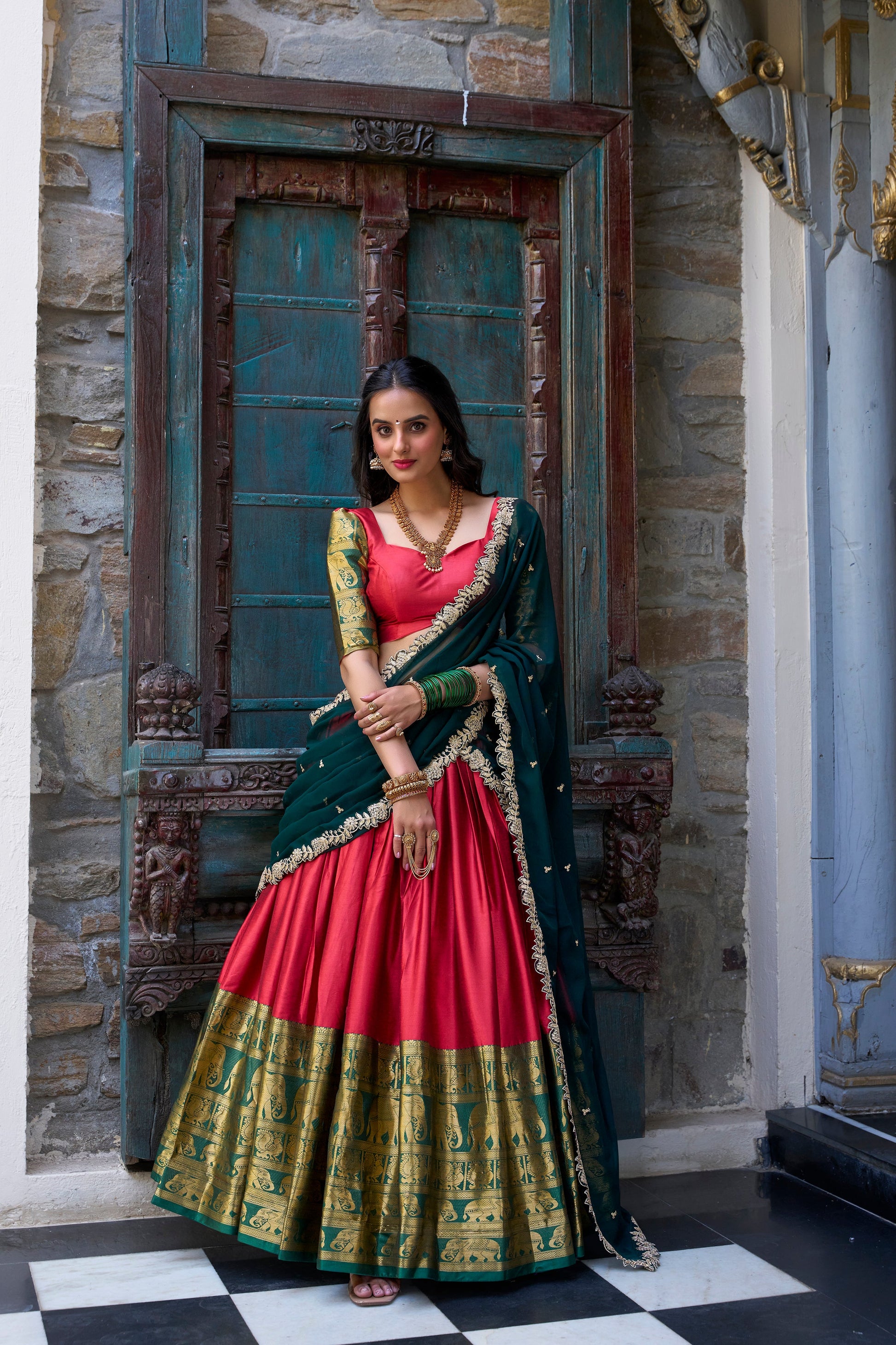 Lorenvalley Red Narayan Pattu Fabric with Zari Weaving Work Lehenga Choli | Swadesiicart