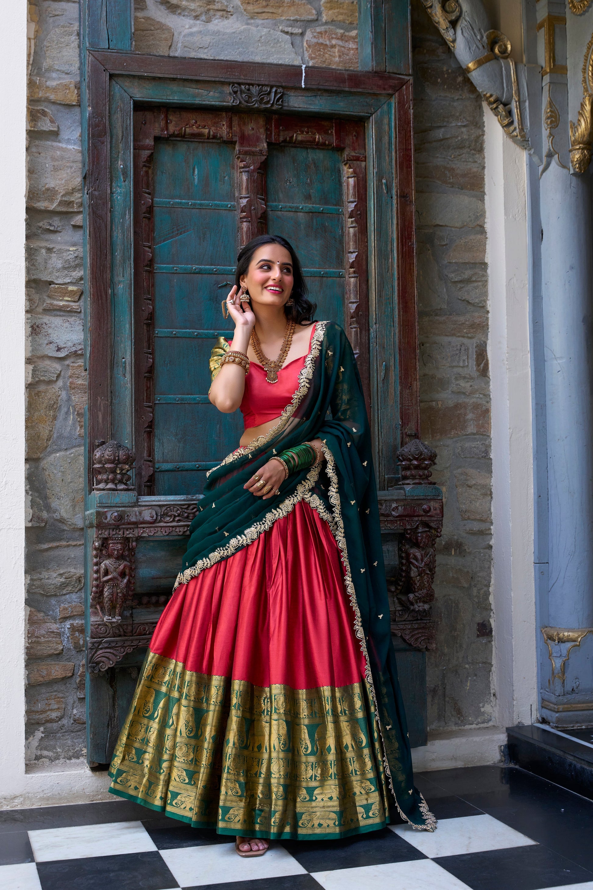 Lorenvalley Red Narayan Pattu Fabric with Zari Weaving Work Lehenga Choli | Swadesiicart