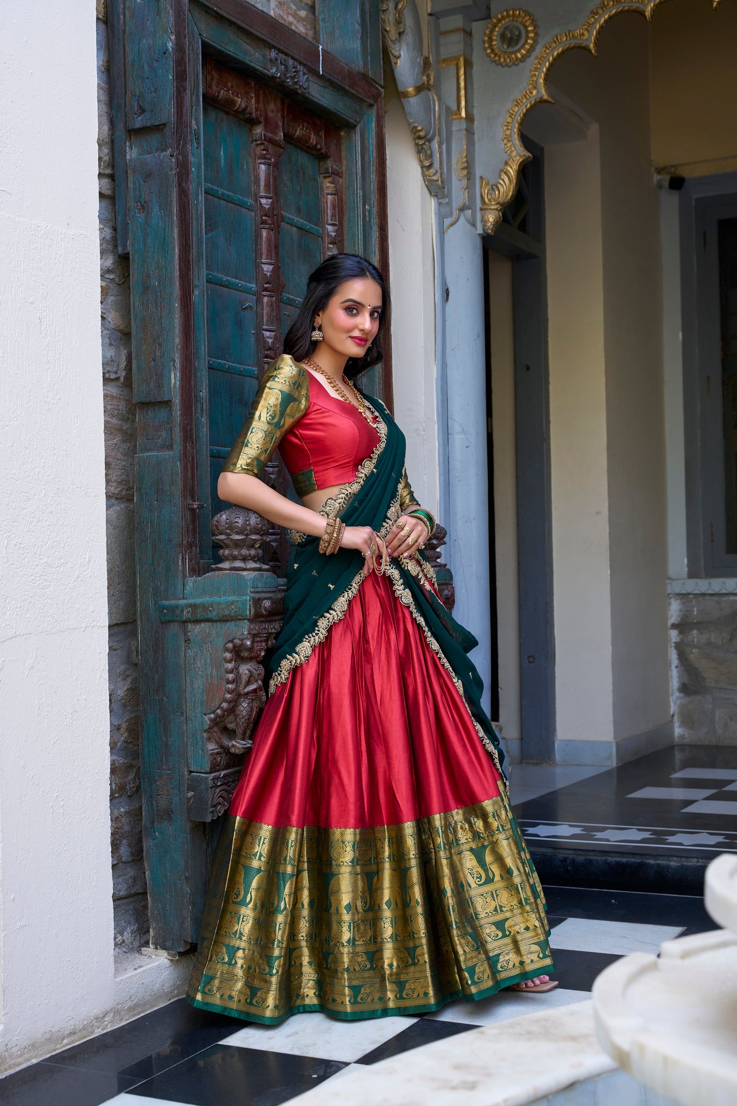 Lorenvalley Red Narayan Pattu Fabric with Zari Weaving Work Lehenga Choli | Swadesiicart