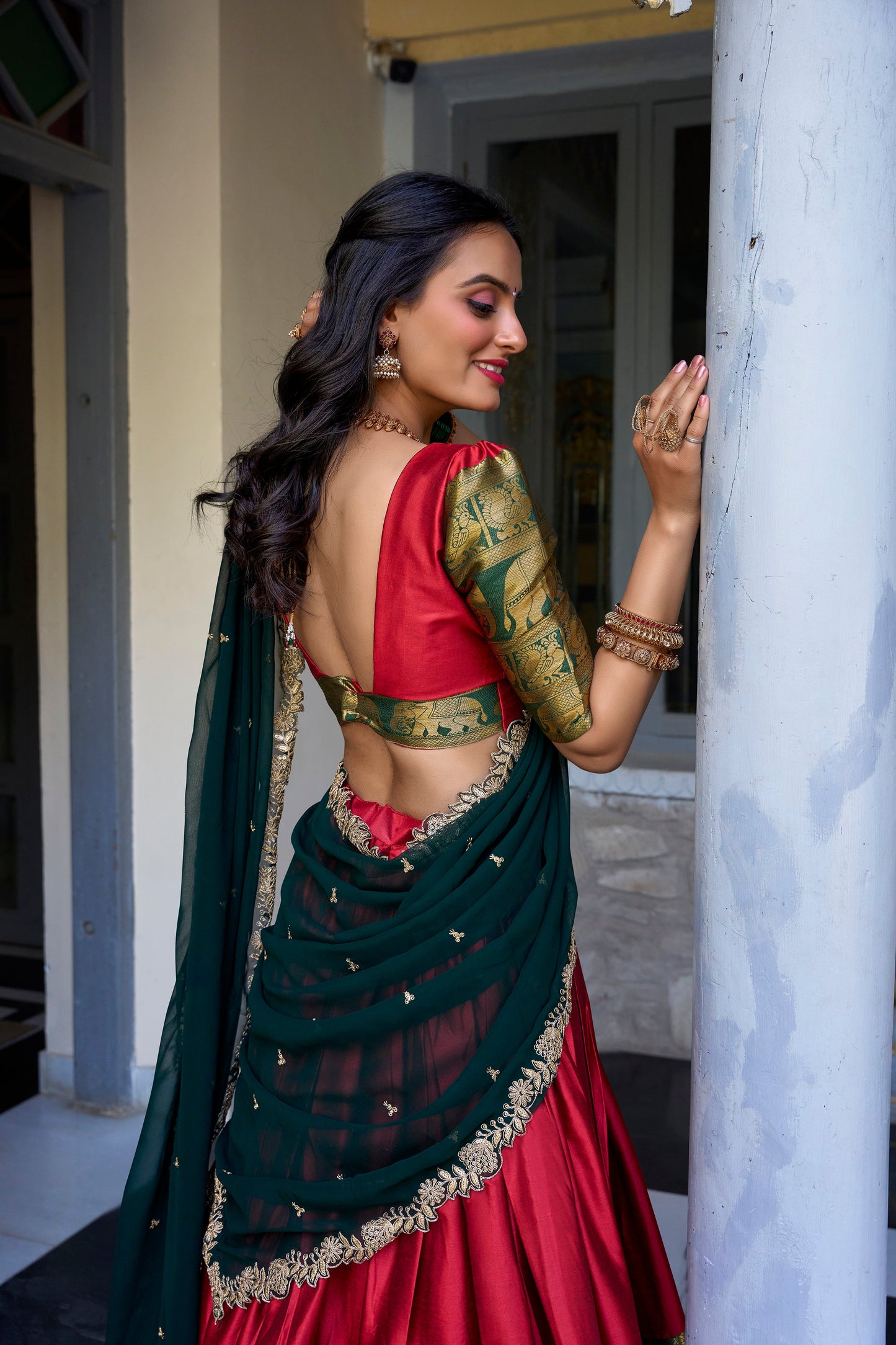 Lorenvalley Red Narayan Pattu Fabric with Zari Weaving Work Lehenga Choli | Swadesiicart