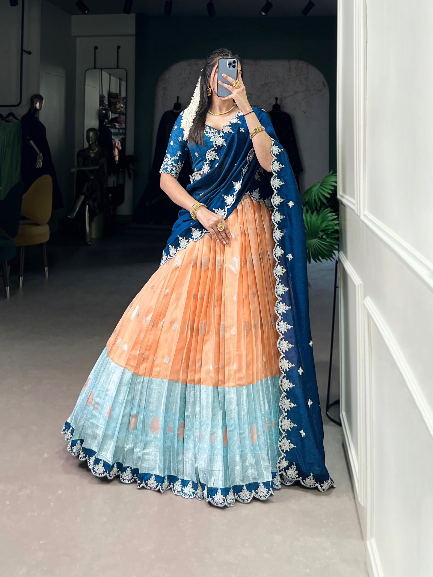 Lorenvalley Orange Zari Kota Zari Weaving Work With Sequins and Thread Embroidery Scallop Lace Border Lehenga Choli with Dupatta | Swadesiicart