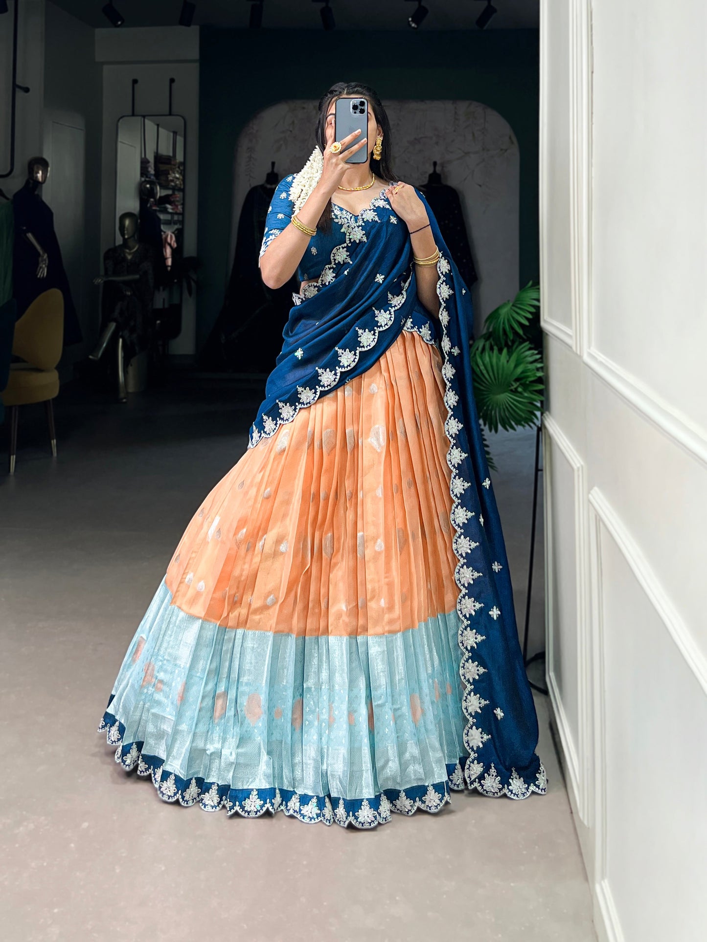 Lorenvalley Orange Zari Kota Zari Weaving Work With Sequins and Thread Embroidery Scallop Lace Border Lehenga Choli with Dupatta | Swadesiicart