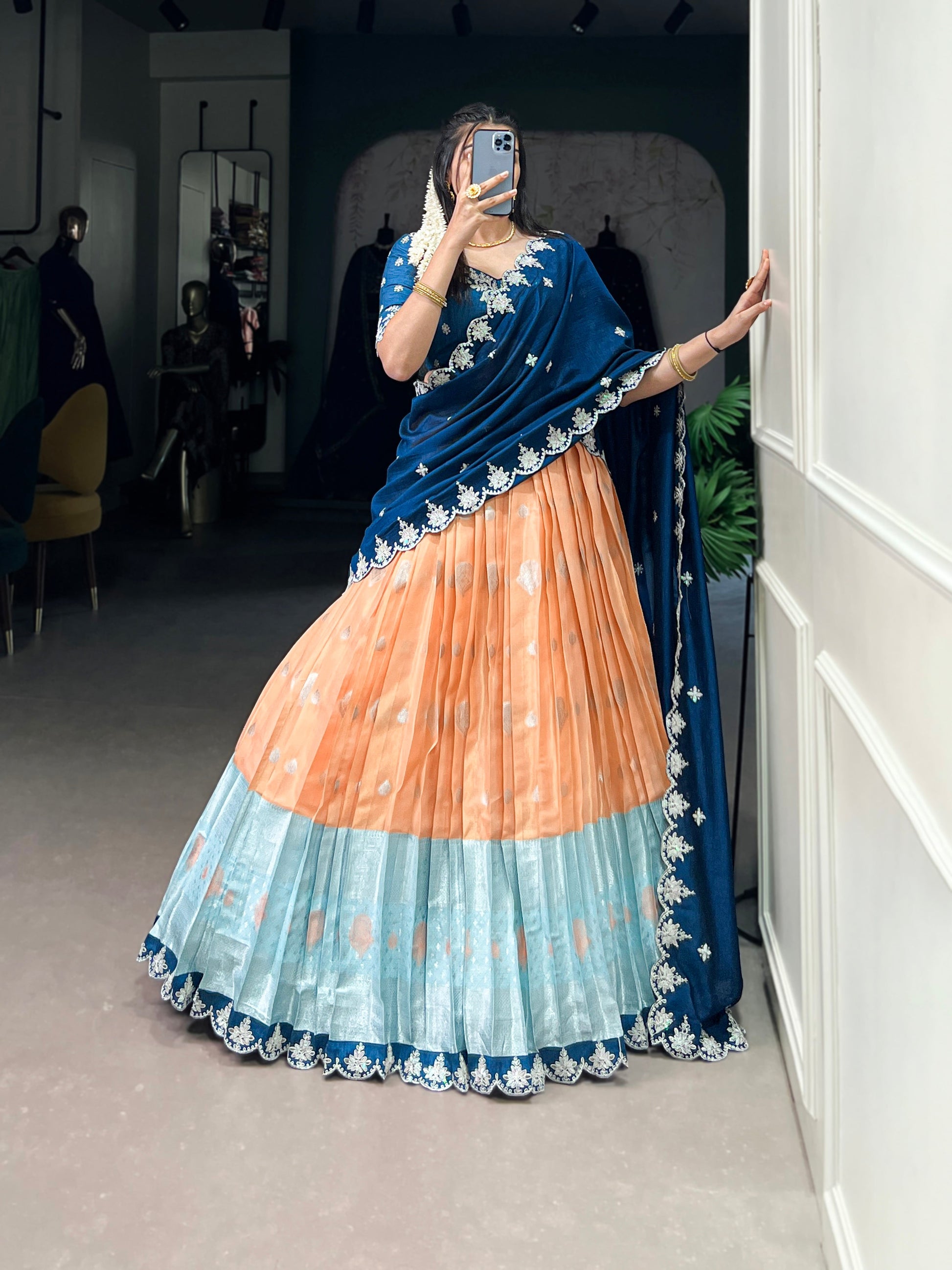 Lorenvalley Orange Zari Kota Zari Weaving Work With Sequins and Thread Embroidery Scallop Lace Border Lehenga Choli with Dupatta | Swadesiicart