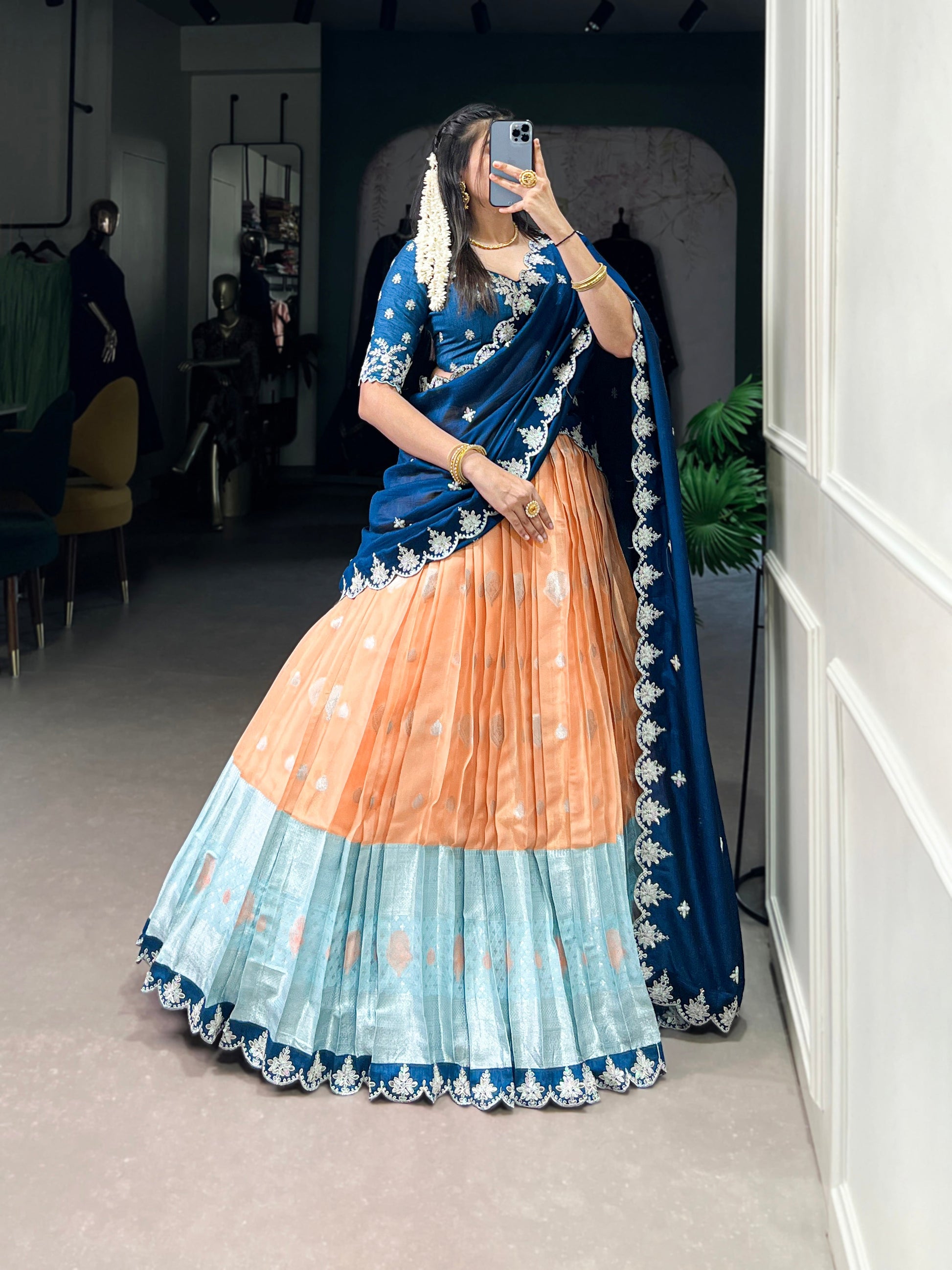 Lorenvalley Orange Zari Kota Zari Weaving Work With Sequins and Thread Embroidery Scallop Lace Border Lehenga Choli with Dupatta | Swadesiicart