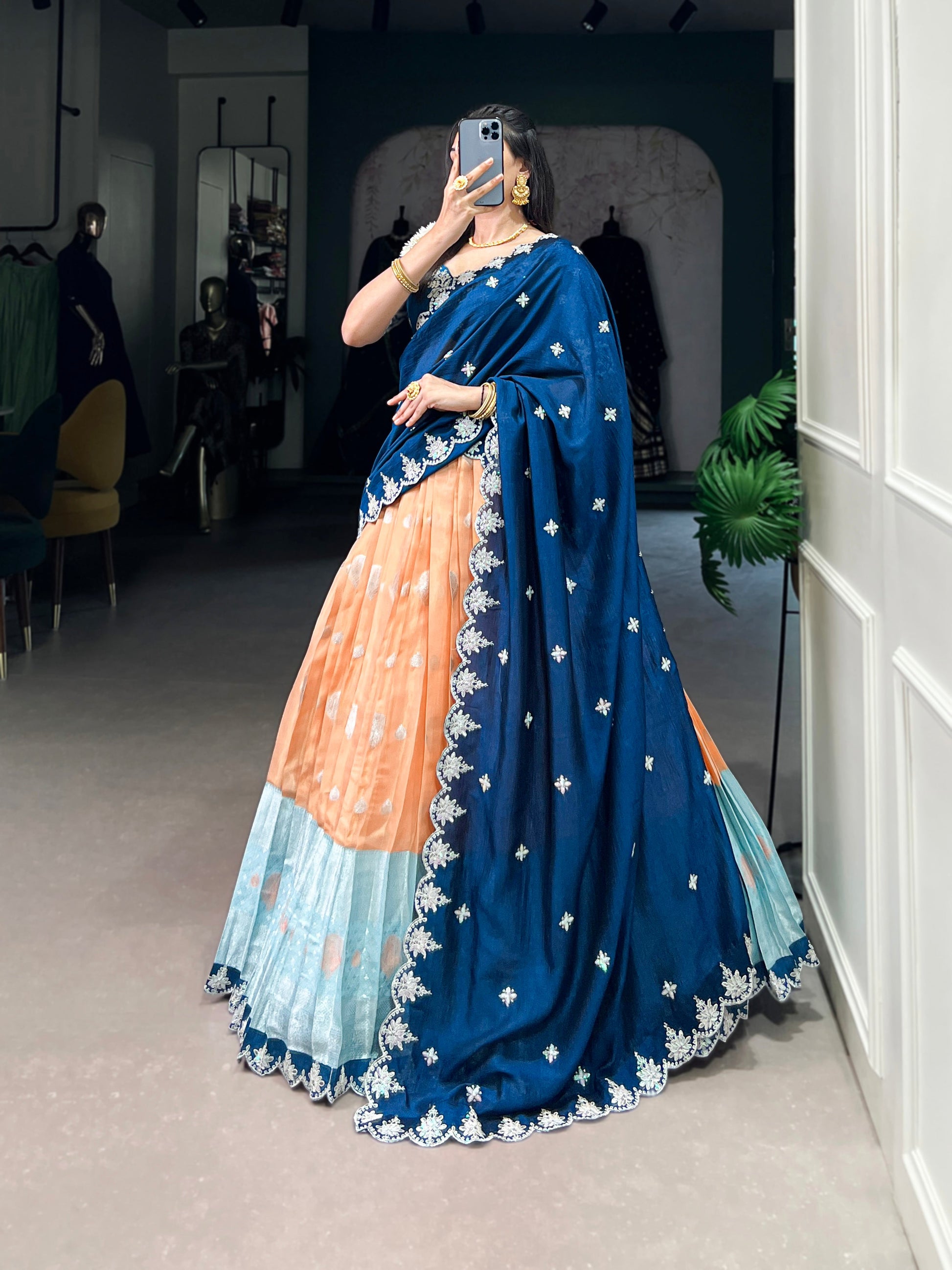 Lorenvalley Orange Zari Kota Zari Weaving Work With Sequins and Thread Embroidery Scallop Lace Border Lehenga Choli with Dupatta | Swadesiicart