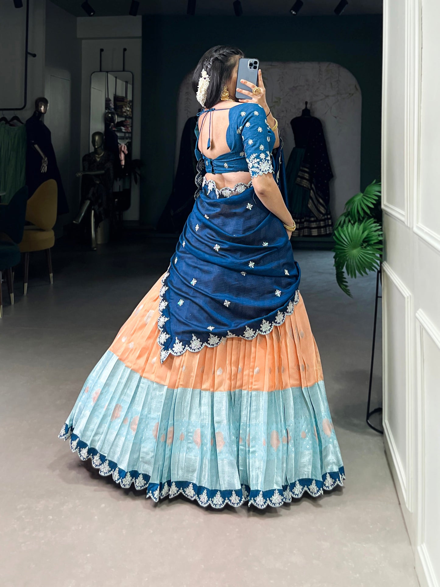 Lorenvalley Orange Zari Kota Zari Weaving Work With Sequins and Thread Embroidery Scallop Lace Border Lehenga Choli with Dupatta | Swadesiicart