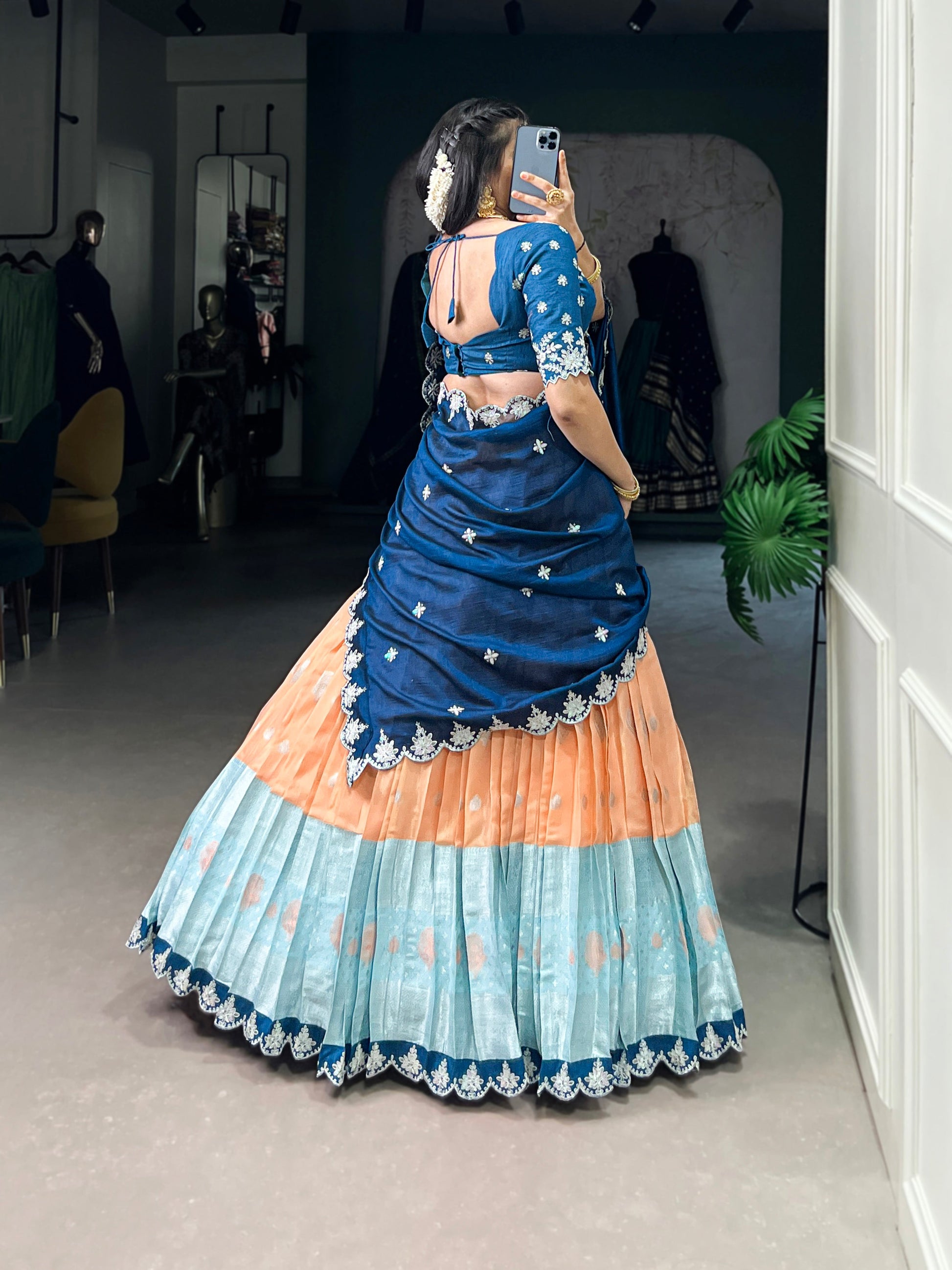 Lorenvalley Orange Zari Kota Zari Weaving Work With Sequins and Thread Embroidery Scallop Lace Border Lehenga Choli with Dupatta | Swadesiicart