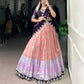 Lorenvalley Peach Zari Kota Zari Weaving Work With Sequins and Thread Embroidery Scallop Lace Border Lehenga Choli with Dupatta | Swadesiicart