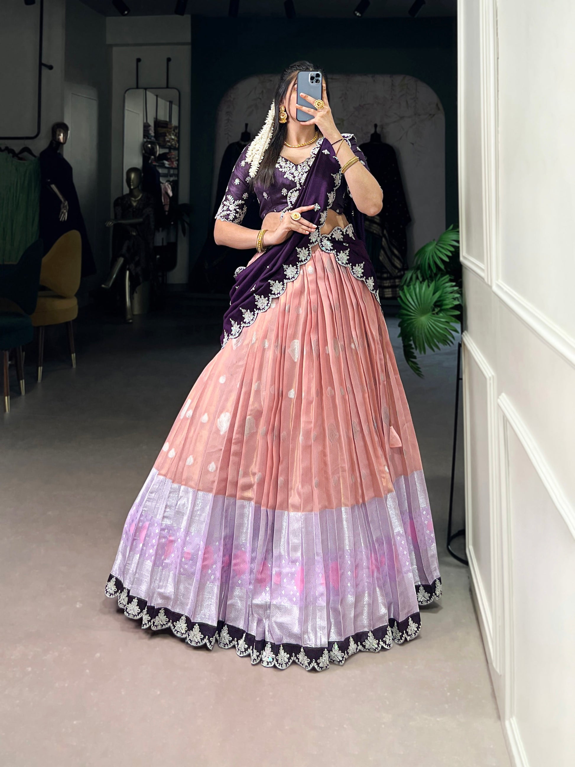 Lorenvalley Peach Zari Kota Zari Weaving Work With Sequins and Thread Embroidery Scallop Lace Border Lehenga Choli with Dupatta | Swadesiicart