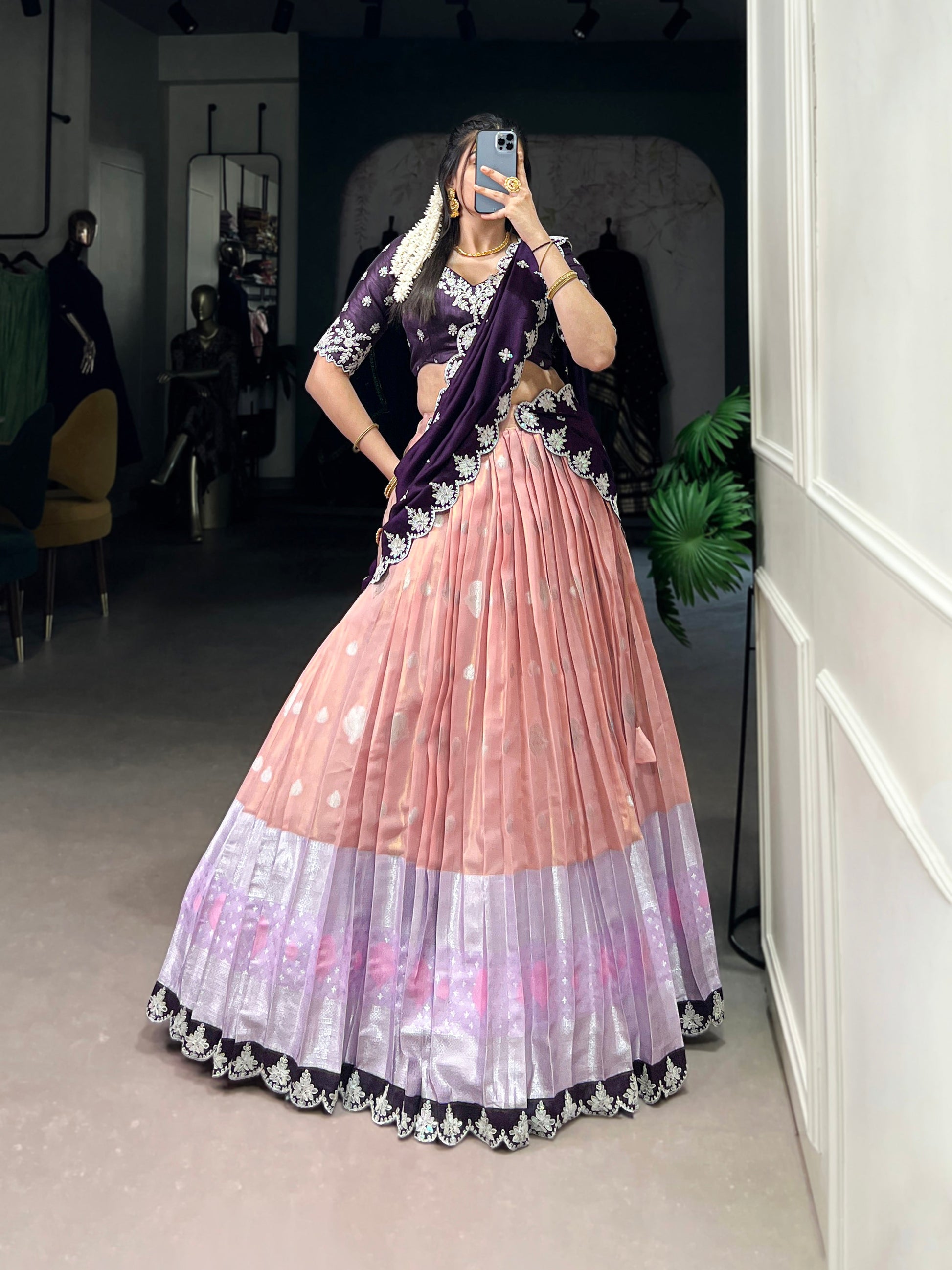 Lorenvalley Peach Zari Kota Zari Weaving Work With Sequins and Thread Embroidery Scallop Lace Border Lehenga Choli with Dupatta | Swadesiicart