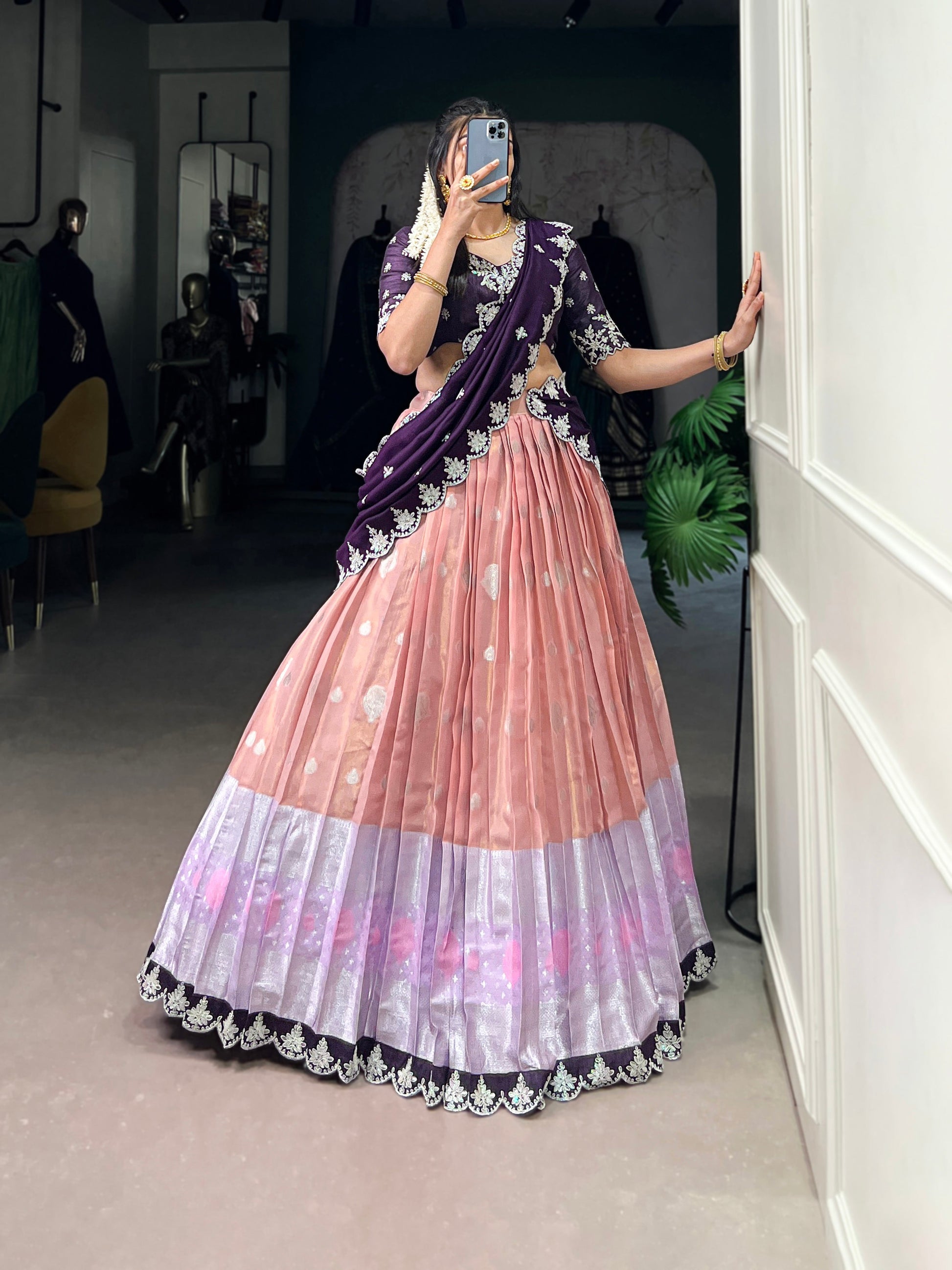 Lorenvalley Peach Zari Kota Zari Weaving Work With Sequins and Thread Embroidery Scallop Lace Border Lehenga Choli with Dupatta | Swadesiicart