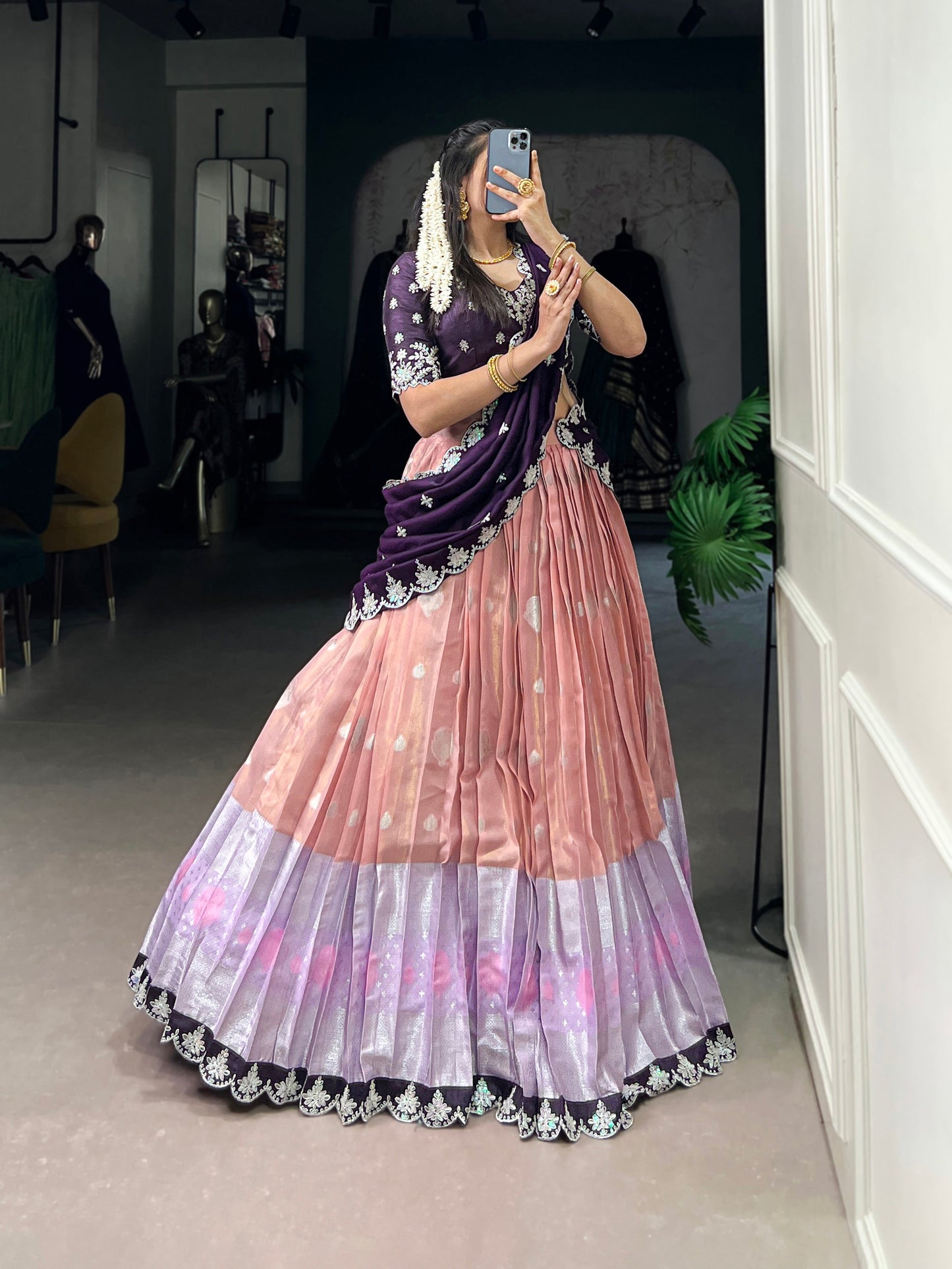 Lorenvalley Peach Zari Kota Zari Weaving Work With Sequins and Thread Embroidery Scallop Lace Border Lehenga Choli with Dupatta | Swadesiicart