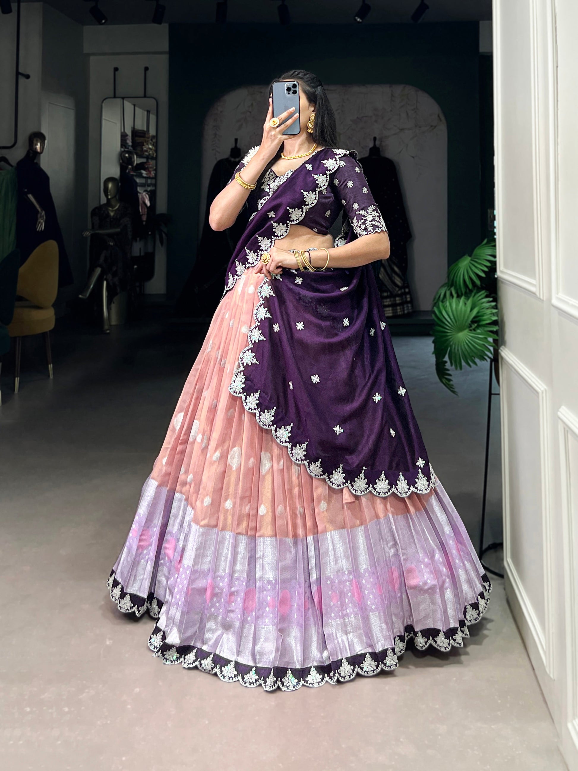 Lorenvalley Peach Zari Kota Zari Weaving Work With Sequins and Thread Embroidery Scallop Lace Border Lehenga Choli with Dupatta | Swadesiicart