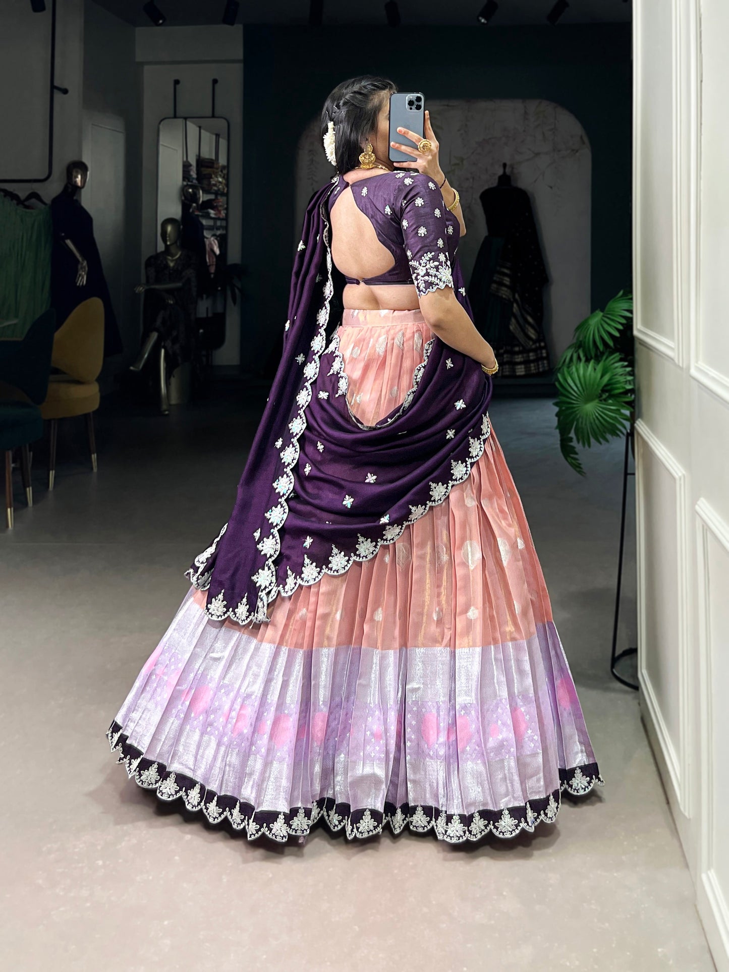 Lorenvalley Peach Zari Kota Zari Weaving Work With Sequins and Thread Embroidery Scallop Lace Border Lehenga Choli with Dupatta | Swadesiicart