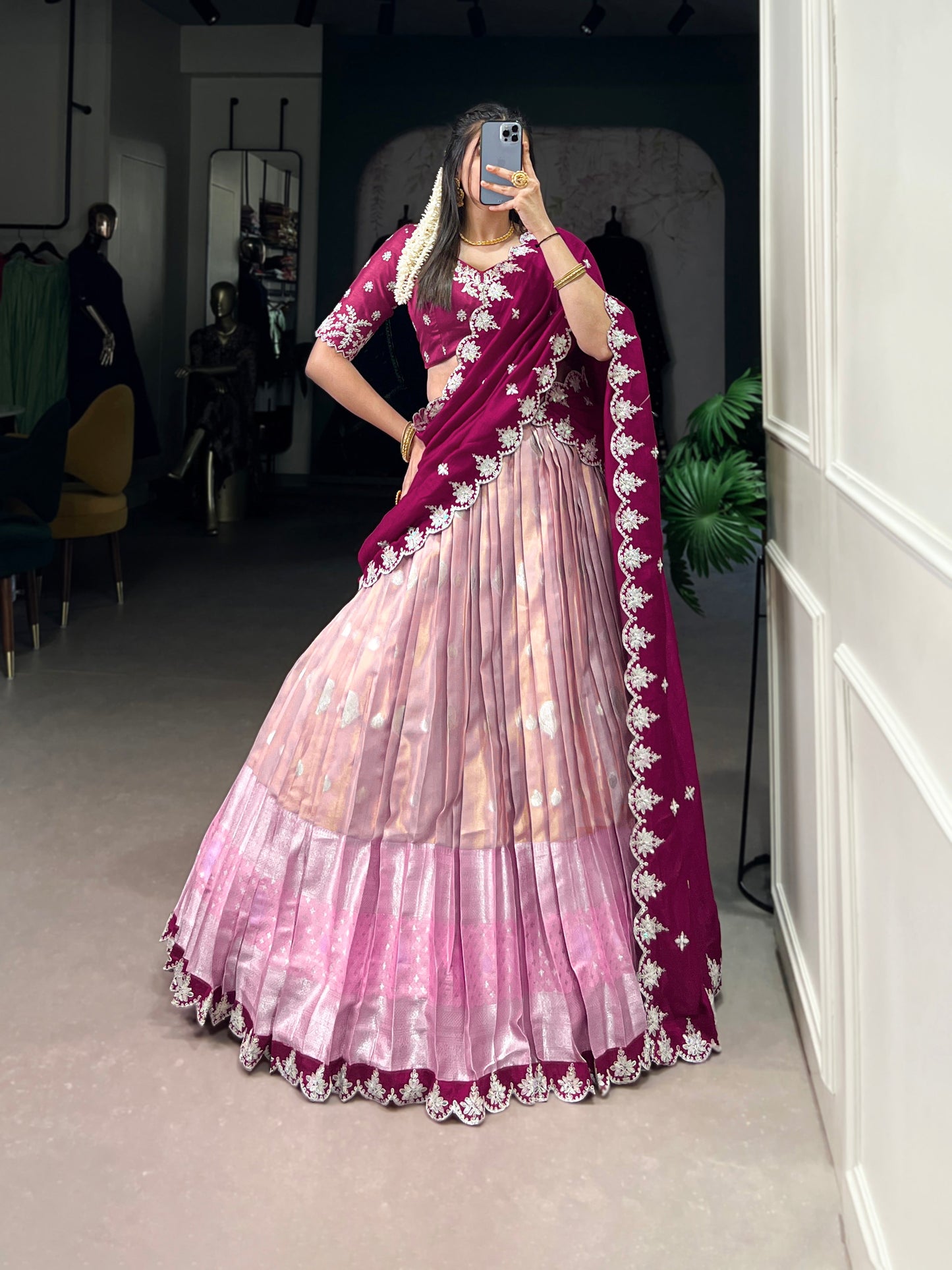 Lorenvalley Pink Zari Kota Zari Weaving Work With Sequins and Thread Embroidery Scallop Lace Border Lehenga Choli with Dupatta | Swadesiicart