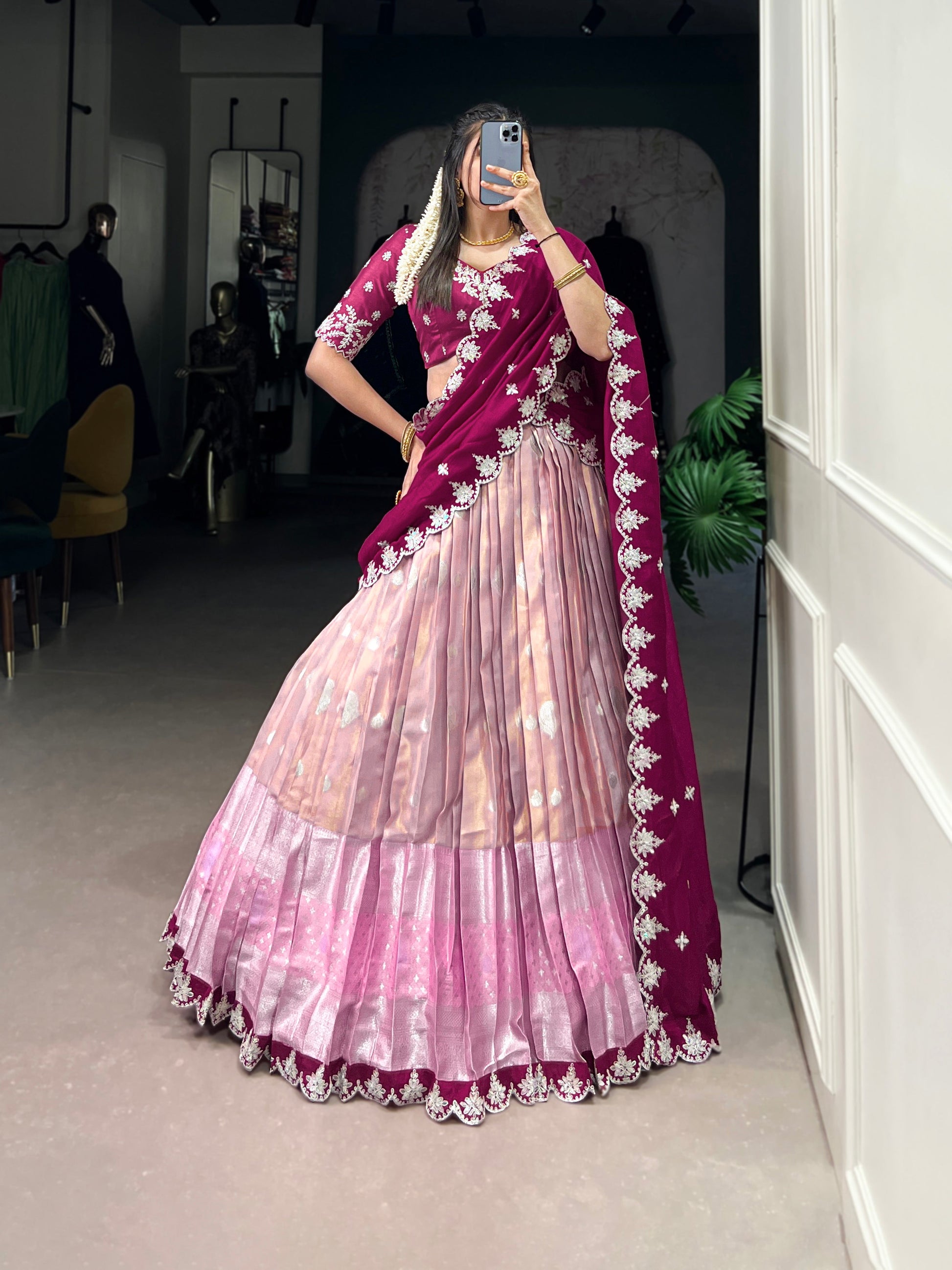 Lorenvalley Pink Zari Kota Zari Weaving Work With Sequins and Thread Embroidery Scallop Lace Border Lehenga Choli with Dupatta | Swadesiicart